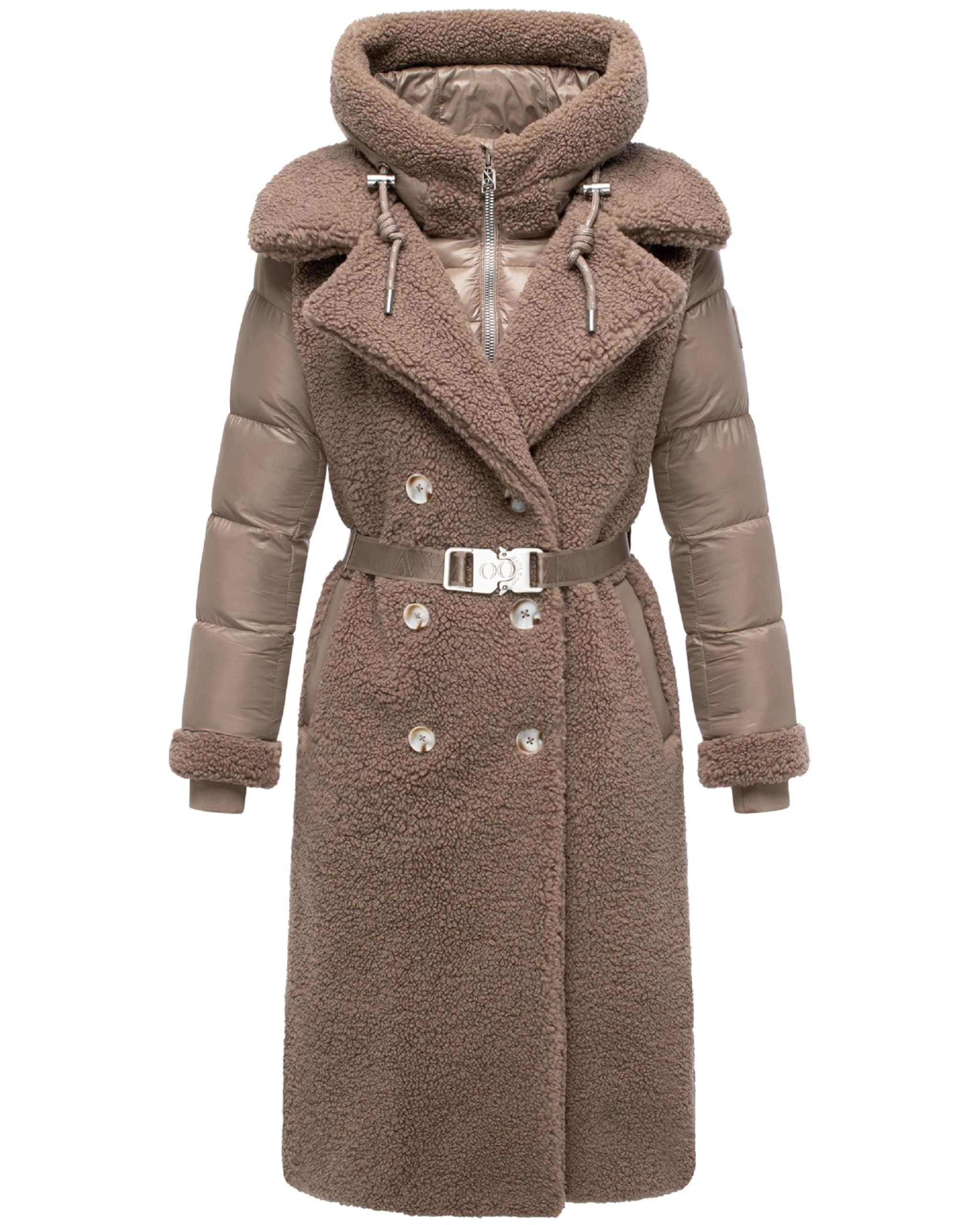Navahoo Damen Langer Materialmix-Wintermantel | Produktbeschreibung: warmer Plüschmantel mit Kapuze, Taupe Grey, Gr. XL