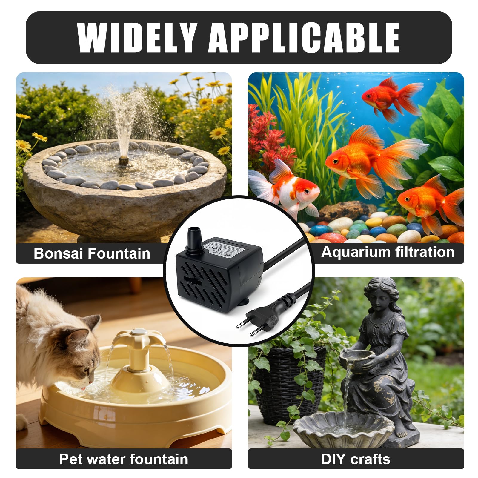 Pompe à Eau Submersible 3.5W, Mini Pompe Aquarium Ultra-Silencieuse 200L/H avec Câble de 1,5M, Pompe Fontaine à Eau Chat pour Bassin, Statuaire, Cascade et Hydroponie