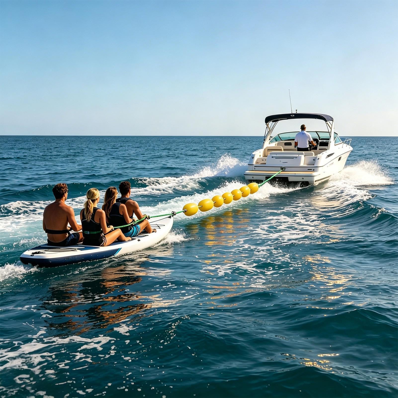 Corda da traino galleggiante da 18 m, doppio gancio e 9 gialle, per sport acquatici, per tubi e più persone, moschettone in acciaio , alta visibilità, guinzaglio antistrappo