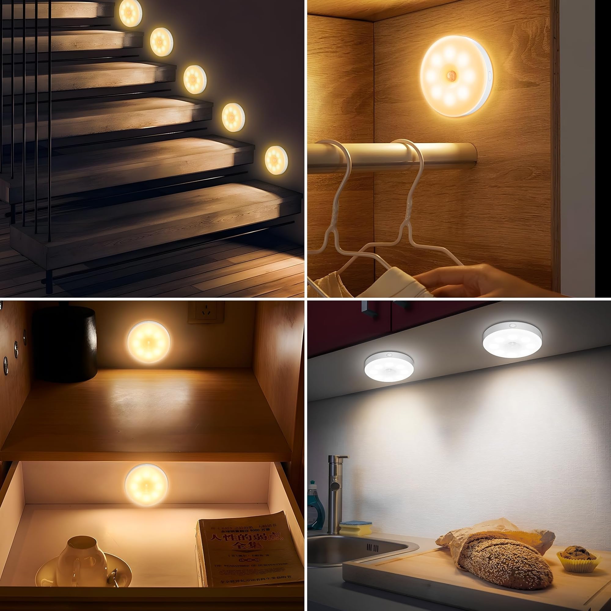 daphomeu 6 Pack de Luz led con Sensor de Movimiento Usb Recargable, Luces con Sensor de Movimiento Interiores, IluminacióN Led Para Escaleras, IluminacióN de Armario, 3 Modos de Luz Para