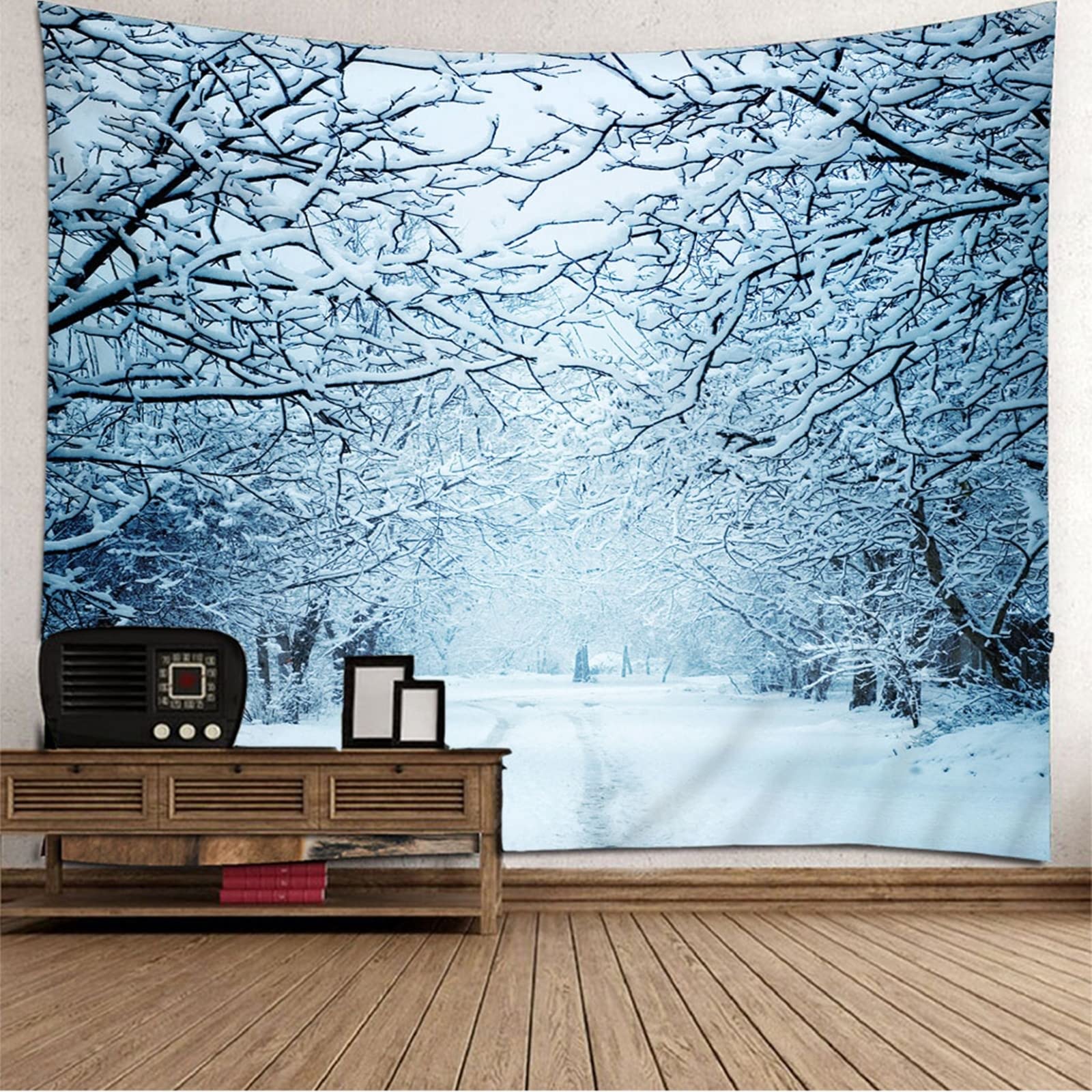 KnSam Wandbehang 300x260cm, Schnee Baum Muster Tapisserie Tagesdecke aus Polyester für Raumdekoration, Wanddekorationskunst, Weiß Blau Grau