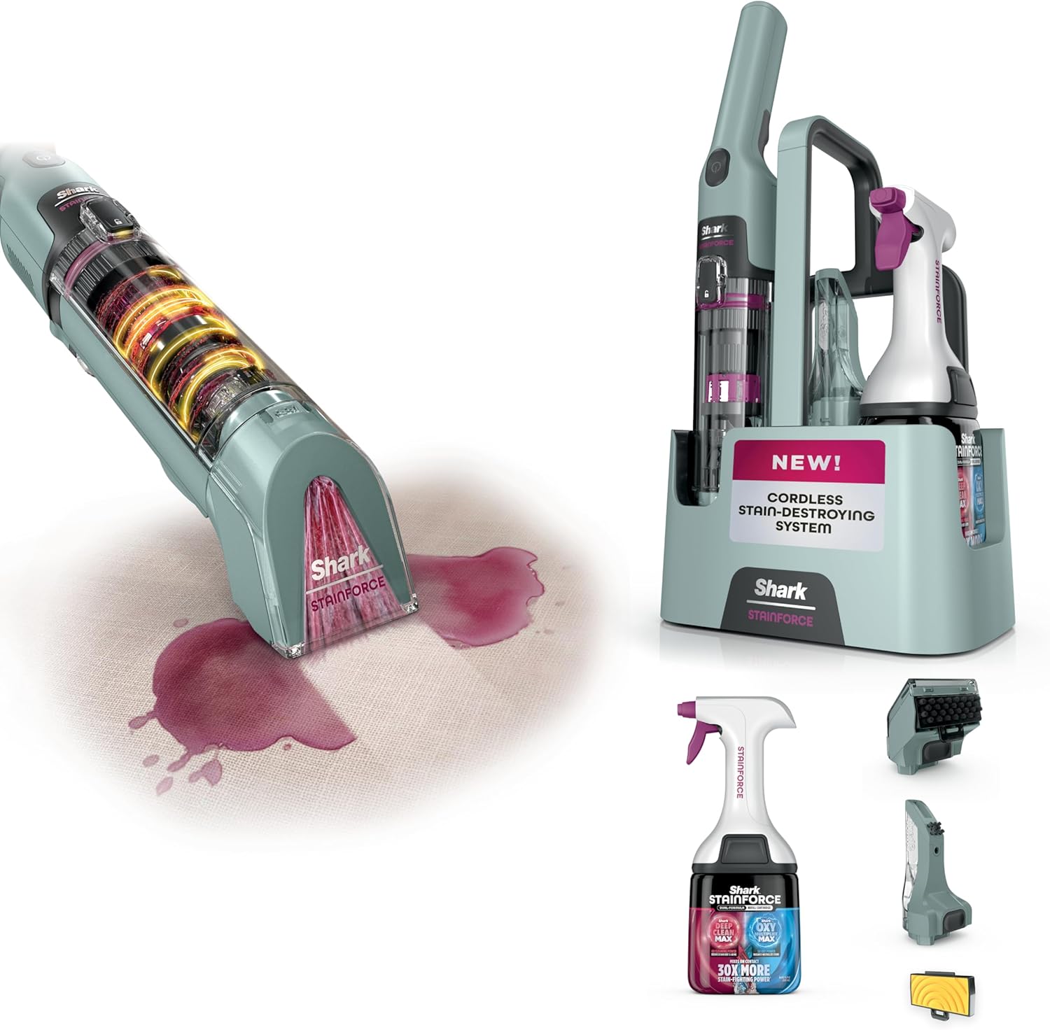 Shark StainForce Cordless Portable Spot, Stain, & Odor Remover System for Carpets, Area Rugs, Upholstery, Stairs, with Storage Caddy, Accessories, and Full-Size Cleaning Solution, HX101 (NEW)