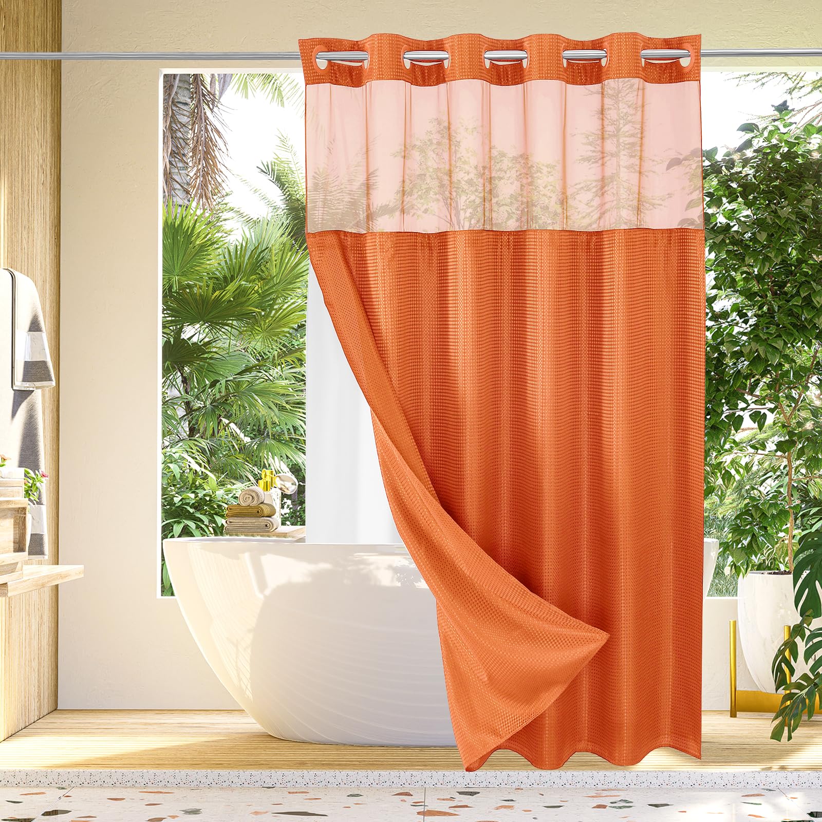 Gibelle Rideau de douche long de 183 x 203 cm, à tissage gaufré avec doublure en tissu à clipser, pas besoin de crochets, style hôtel avec fenêtre sur le dessus en maille, orange brûlé