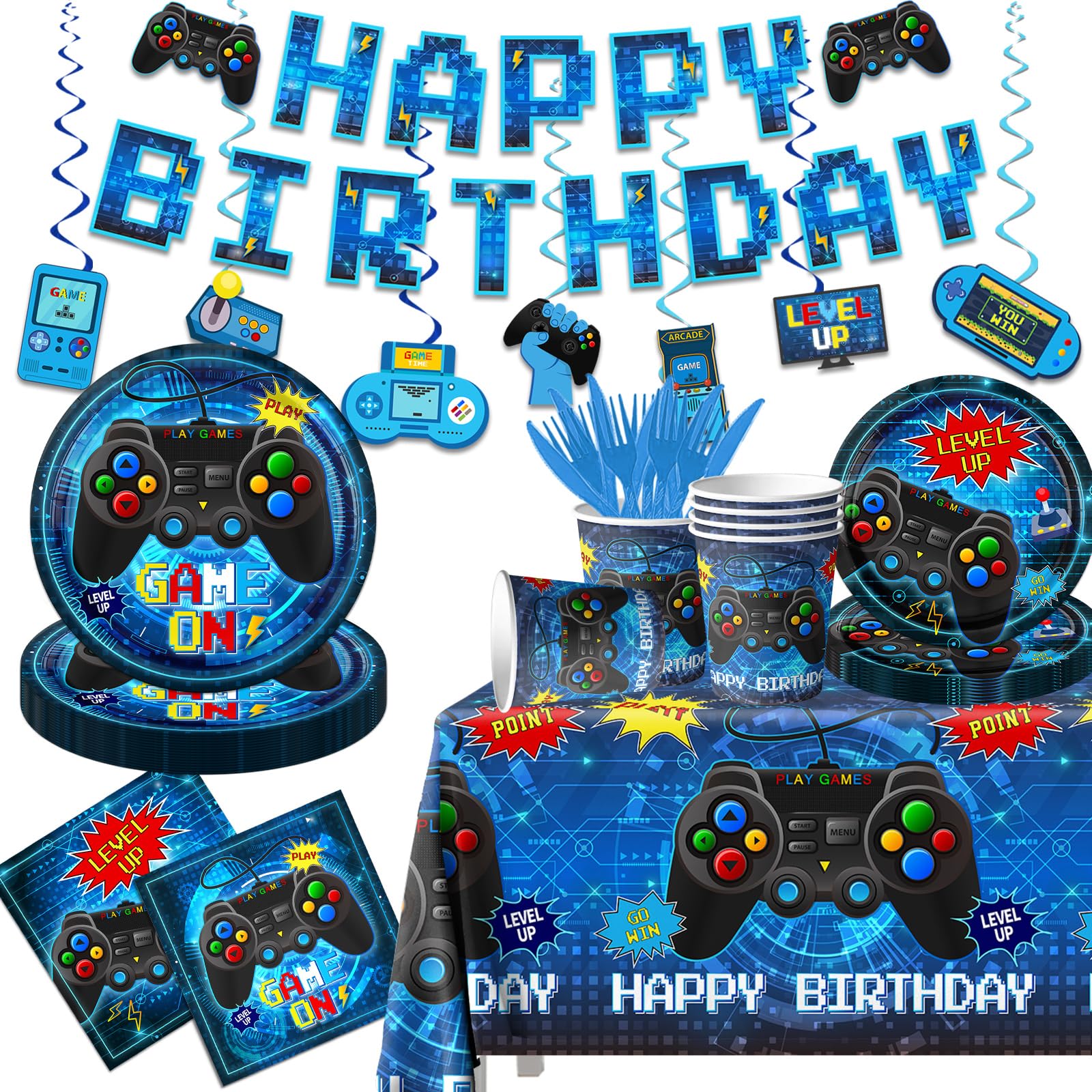 Video Game Birthday Decorations,142pcs Gamer Birthday Party Decorations Tableware Plates and Napkins,Banner,Tablecloth,Cup,Blue Video Game Decorations