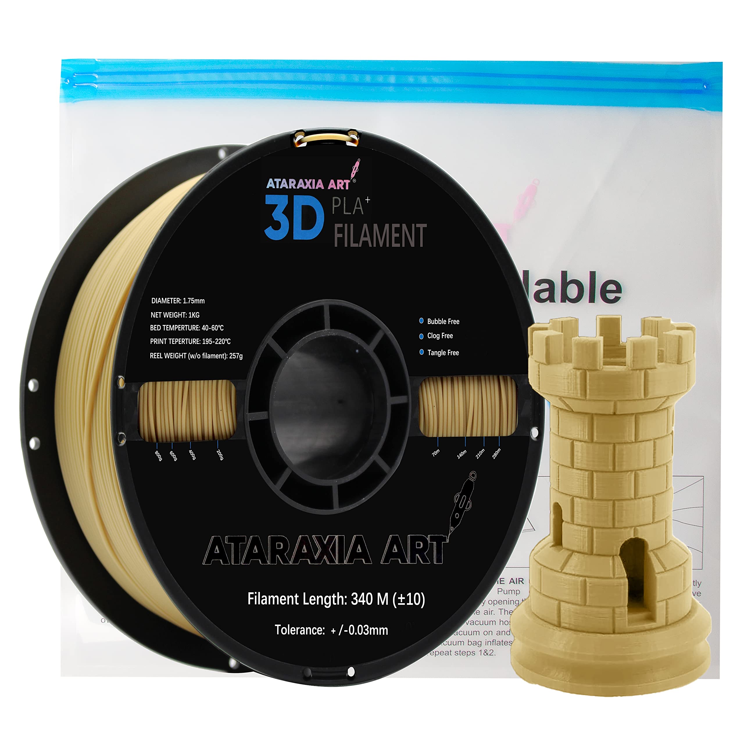 ATARAXIA ART PLA Plus Filament 1.75mm, Neat Winding, 3D Printer filament,1 Kg, Dimensional Accuracy +/- 0.03mm, with vacuum Storage Resealable Bag, Pantone Match, Fit Most FDM Printer, PLA LIGHT BROWN