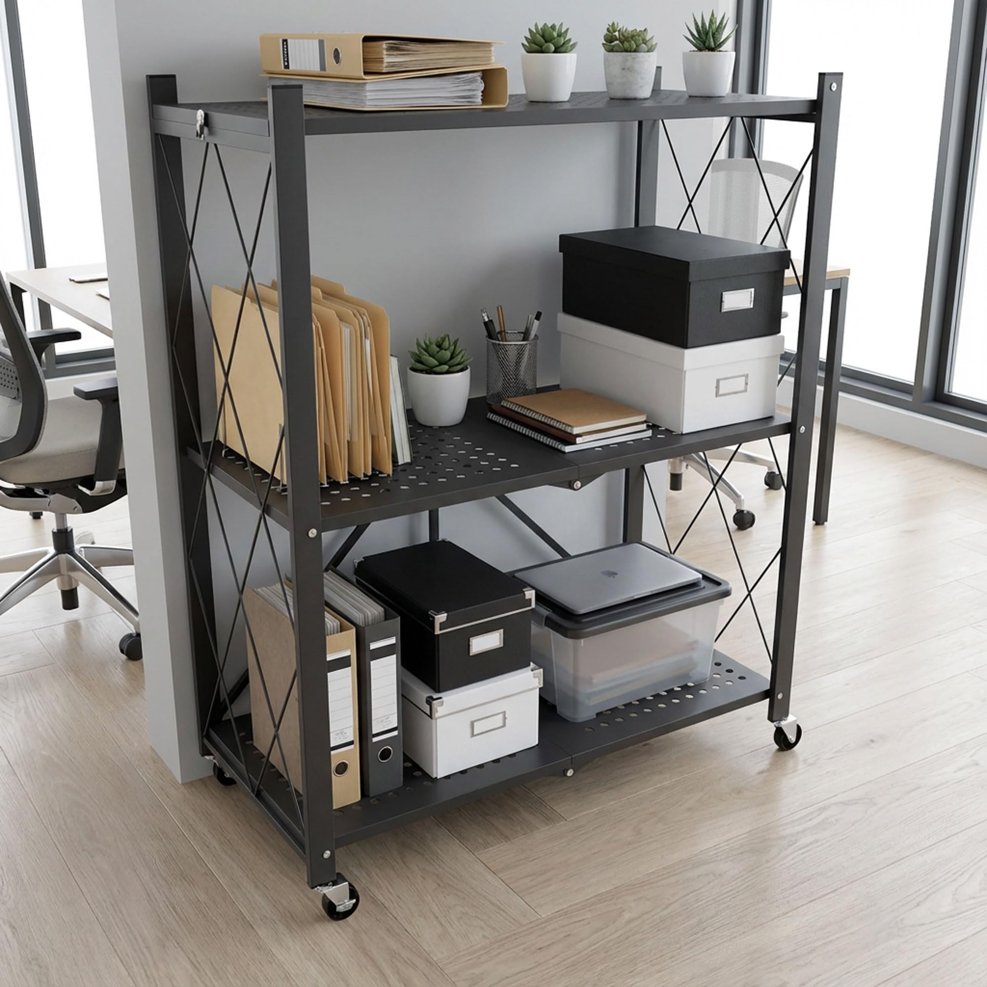 FRANKYSTAR Smithers Étagère de rangement pliable en métal noir 72 x 90 x 33,5 cm