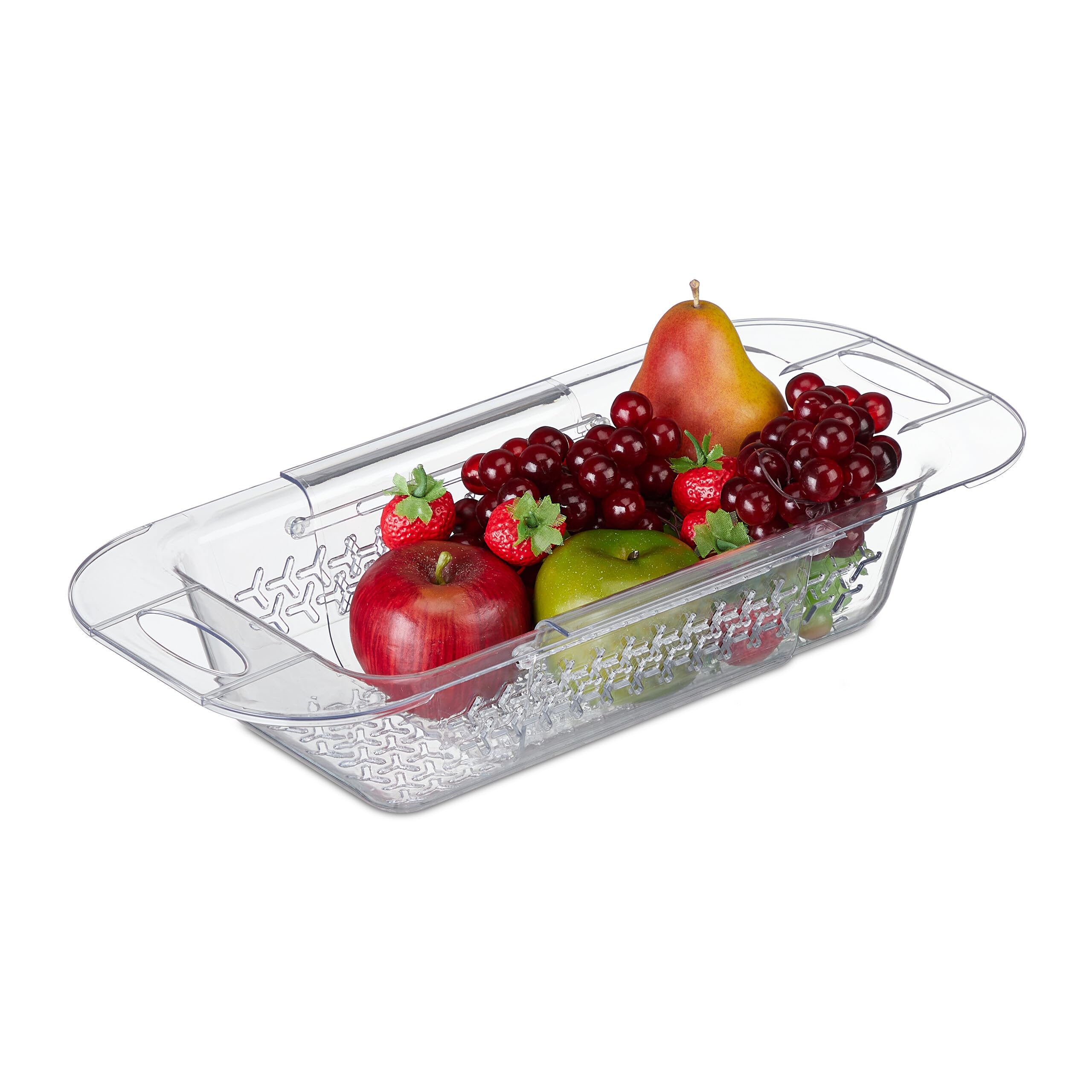 Relaxdays Vaschetta Scolapasta per Lavandino, Allungabile da 43,5-57 cm, da Appendere per Lavello, Plastica, Trasparente