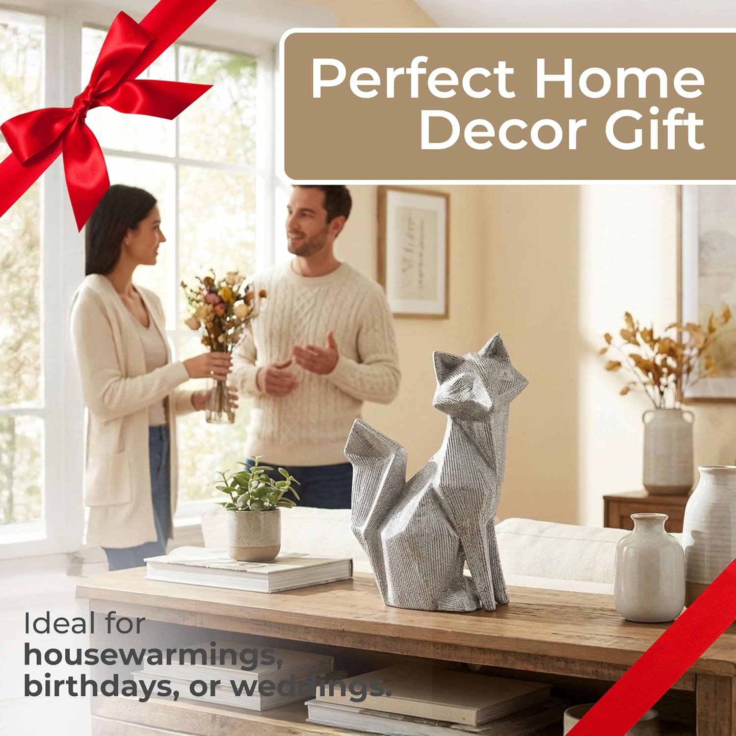 Ceramic Beaded Fox Decorative Figurine for Home Decor Art – Living Room Decorative Objects, Modern Coffee Table Decor, Contemporary Sculpture for Coffee Tables & Shelves – 10", Silver