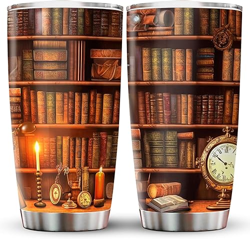 34HD Regalos para el día de la madre, regalos de bibliotecario, vaso de estantería 3D con tapa, acero inoxidable de 20 onzas, taza de café con