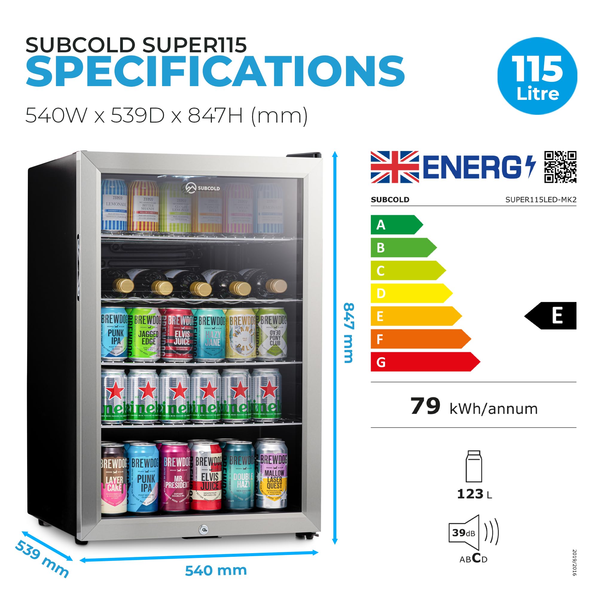 Subcold Super115 LED - Under-Counter Fridge | 115L Beer, Wine & Drinks Fridge | LED Light + Lock and Key | Energy Efficient (Stainless Steel, 115L) — view 3