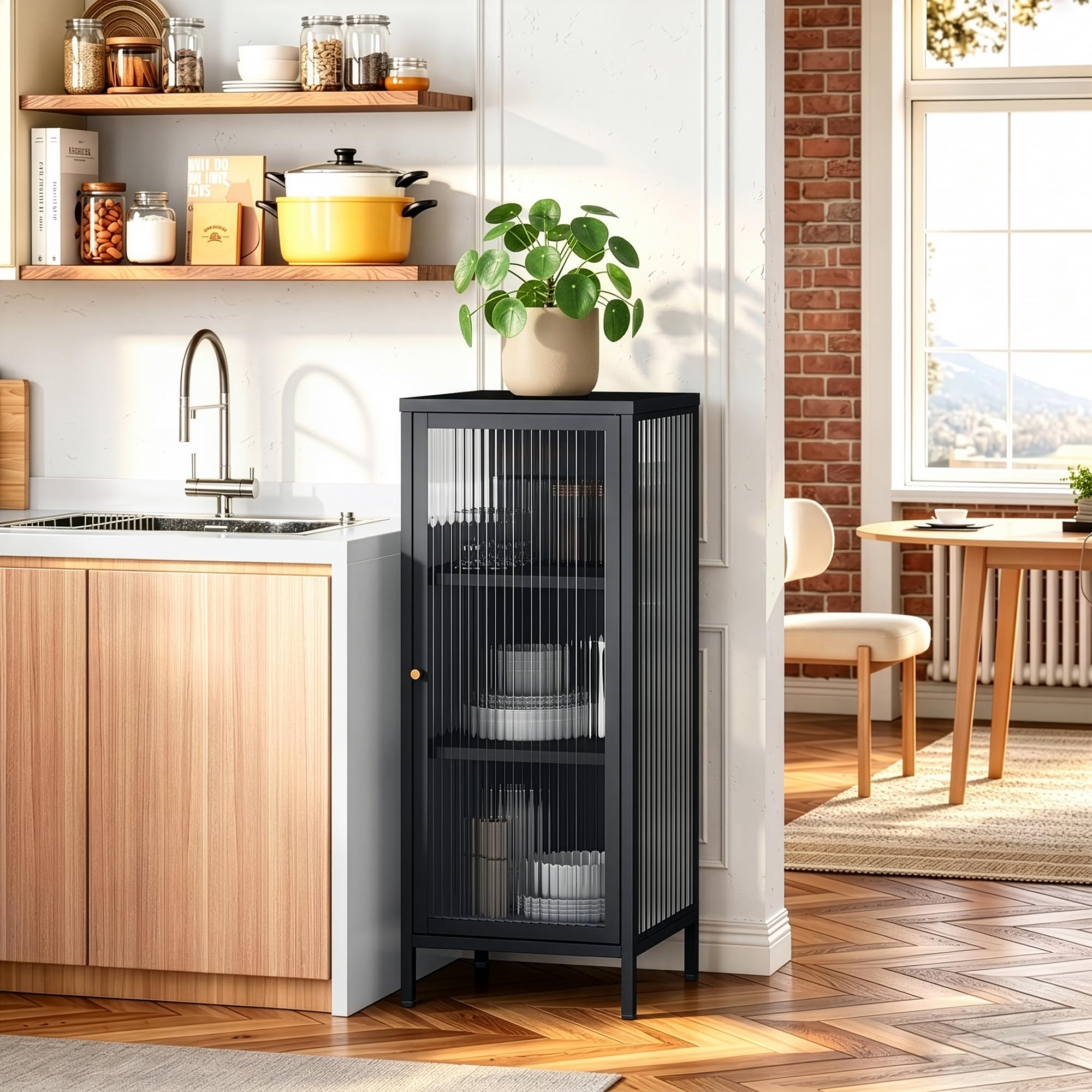 [en.casa] Armadio Vetrina con Anta in Vetro Scanalato Mobile Contenitore Libreria a 3 Ripiani Scomparti Vani Portaoggetti per Soggiorno Sala Studio 100 x 40 x 40 cm - Nero