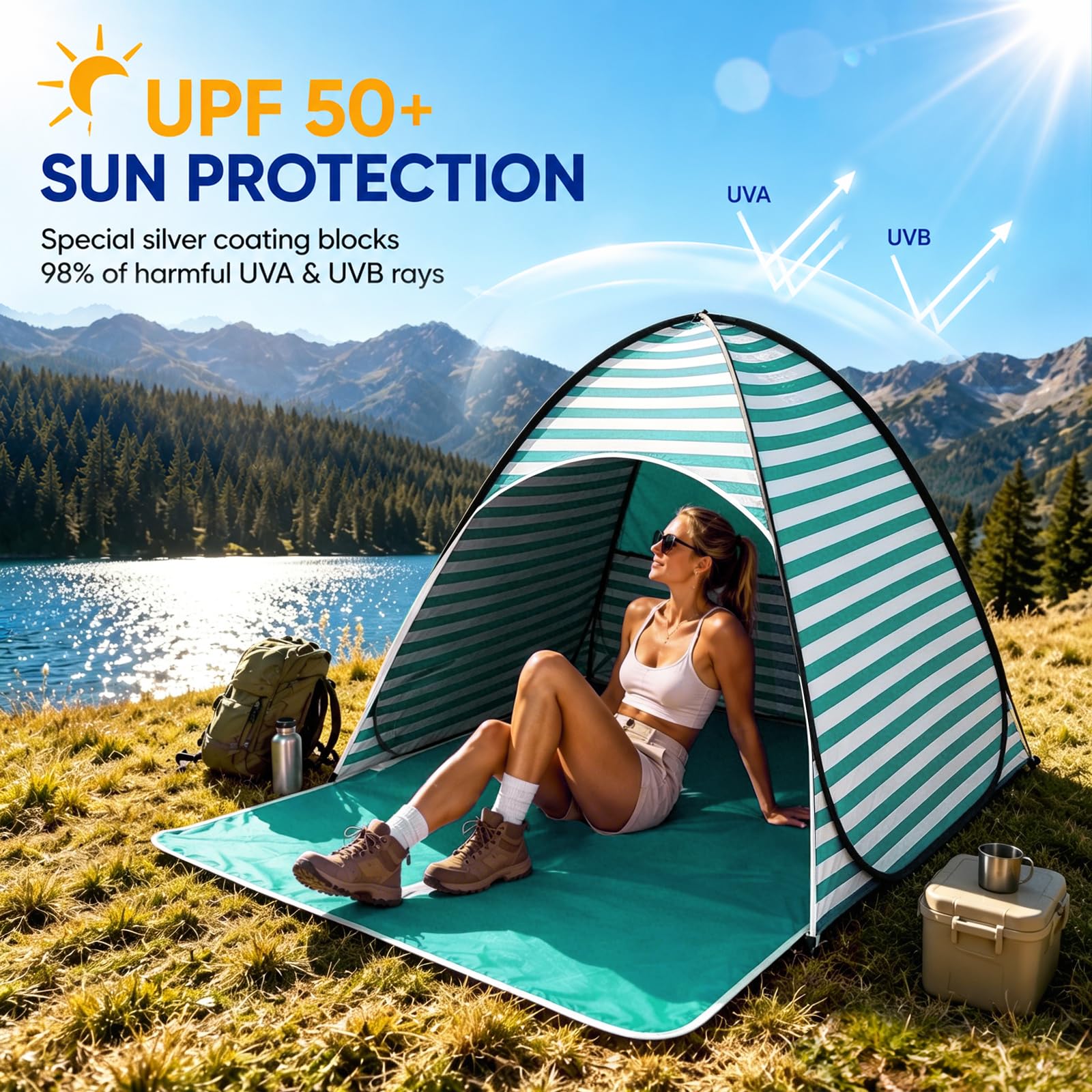Tenda da Campeggio e Spiaggia Pop-up, Tenda da Spiaggia Portatile, Protezione UV 50+, per 2-3 Persone, con Picchetti, Ideale per Campeggio in Famiglia, Picnic e Spiaggia