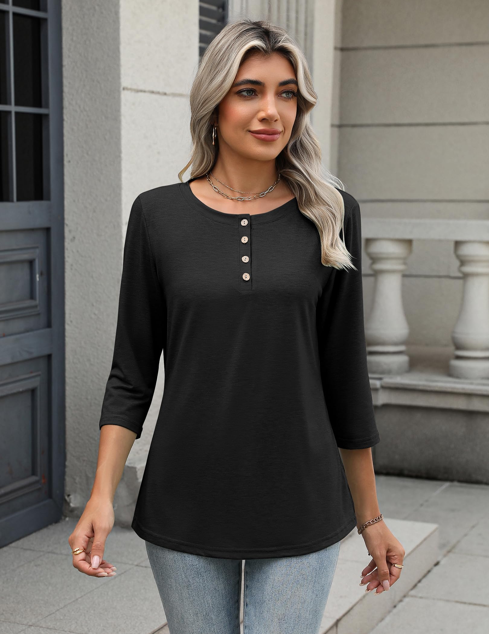 Zeagoo Womens Tops 3/4 Length Sleeve T Shirts Dressy Casual Button Down Blouses Spring Fall Clothes