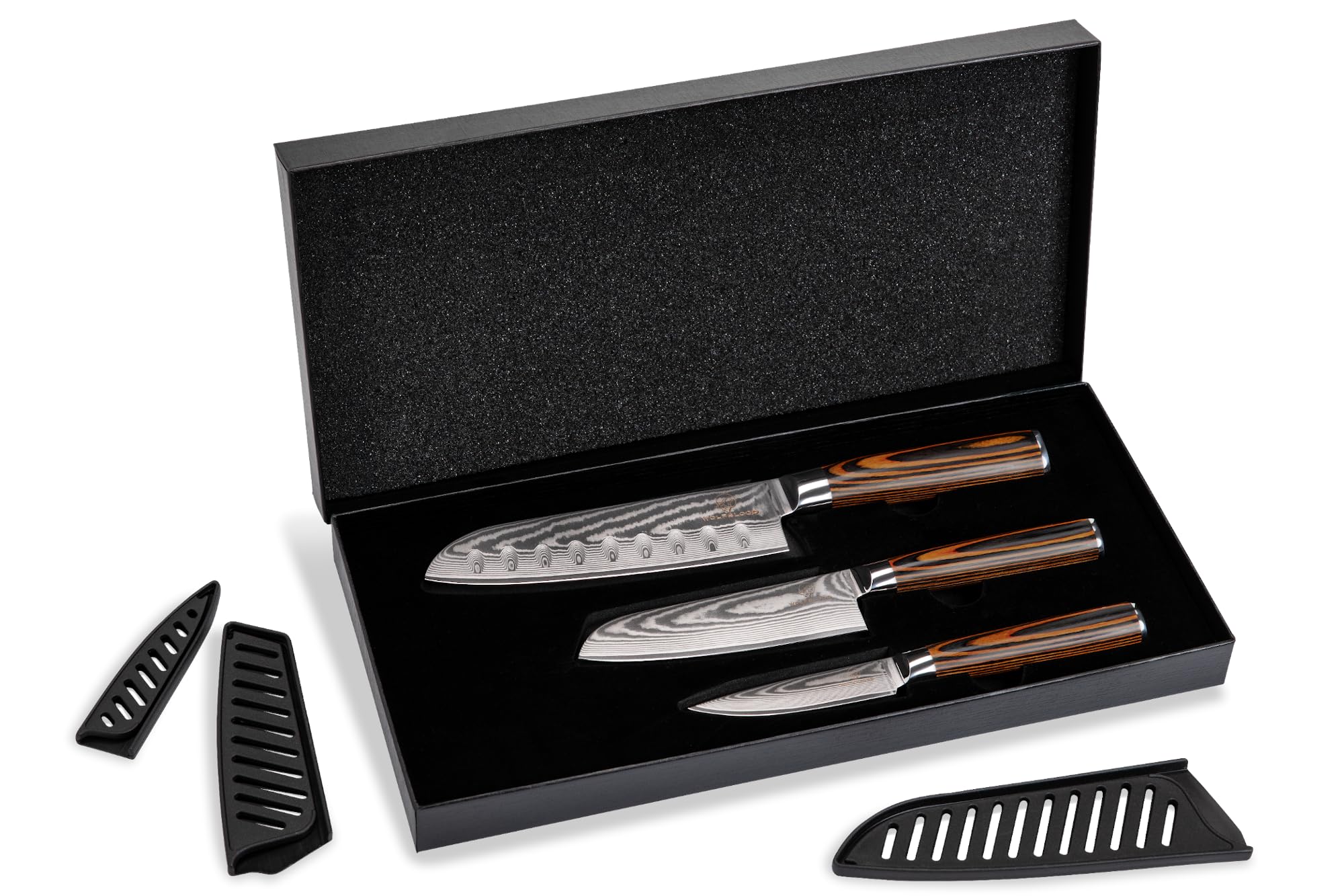 Wolfblood zestaw 3 noży Santoku ze stali damasceńskiej 67 warstw (30, 24 i 20 cm) | Profesjonalne noże kuchenne VG10 | Noże Santoku, nóż do obierania, pudełko na prezent i osłona ostrza