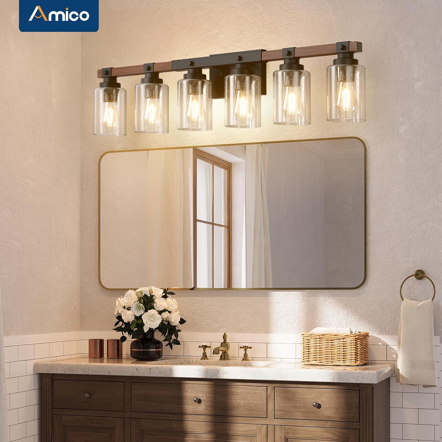 Amico Farmhouse Bathroom Vanity Light Fixtures,Rustic 6-Light Industrial Painted Wood Lights,Vintage Black Wall Sconces Bathroom Vanity Lighting with Bubble Glass Shade