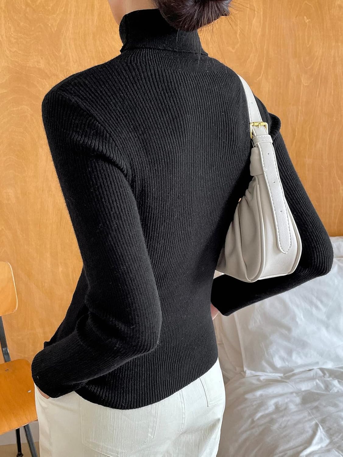 Women's Sweater Cut Out Front Turtle Neck Sweater Sweater for Women (Color : Black, Size : Small)