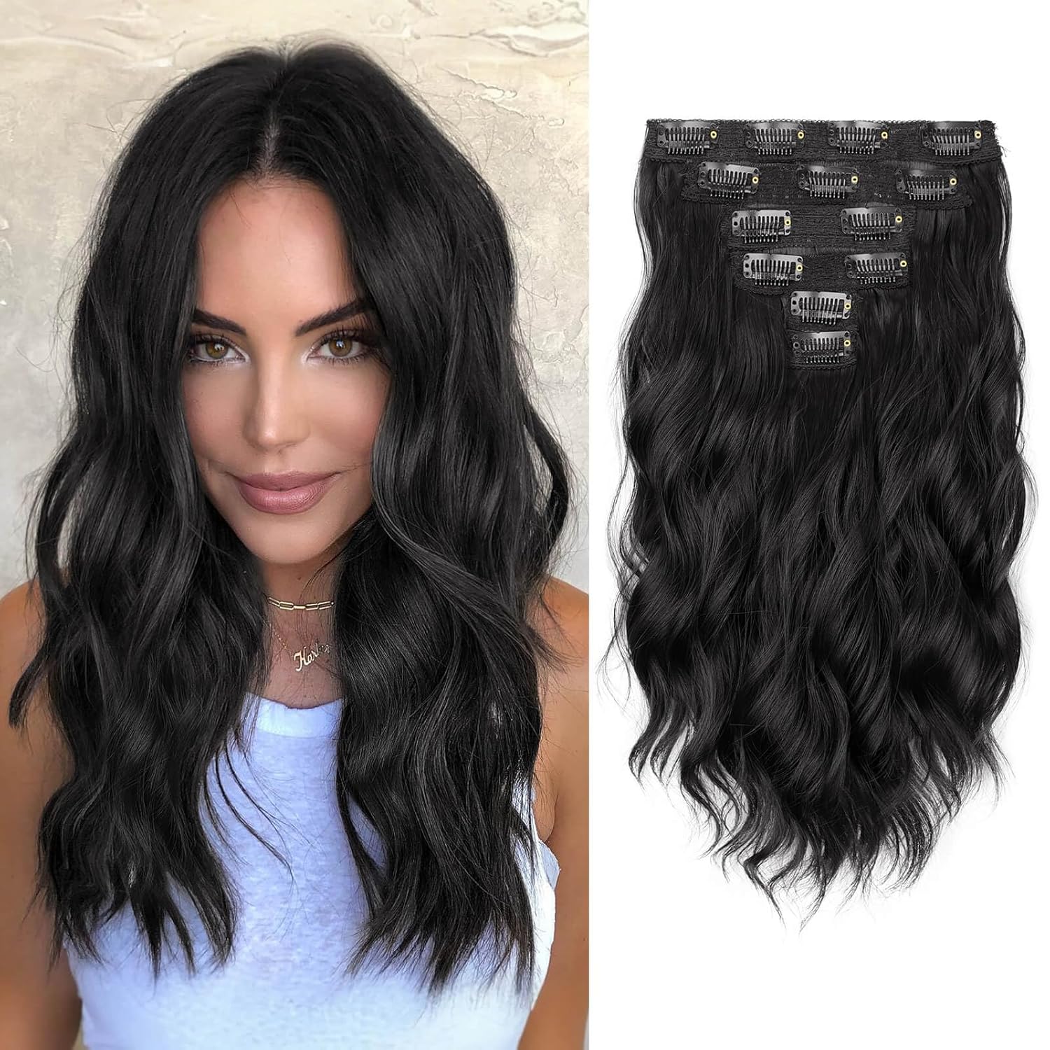 KooKaStyle 14 Inch Clip In Hair Extensions, 6 Pieces Short Hair Extensions, Wavy Curly Synthetic Lace Weft, Lightweight Natural Volume for Women – Black