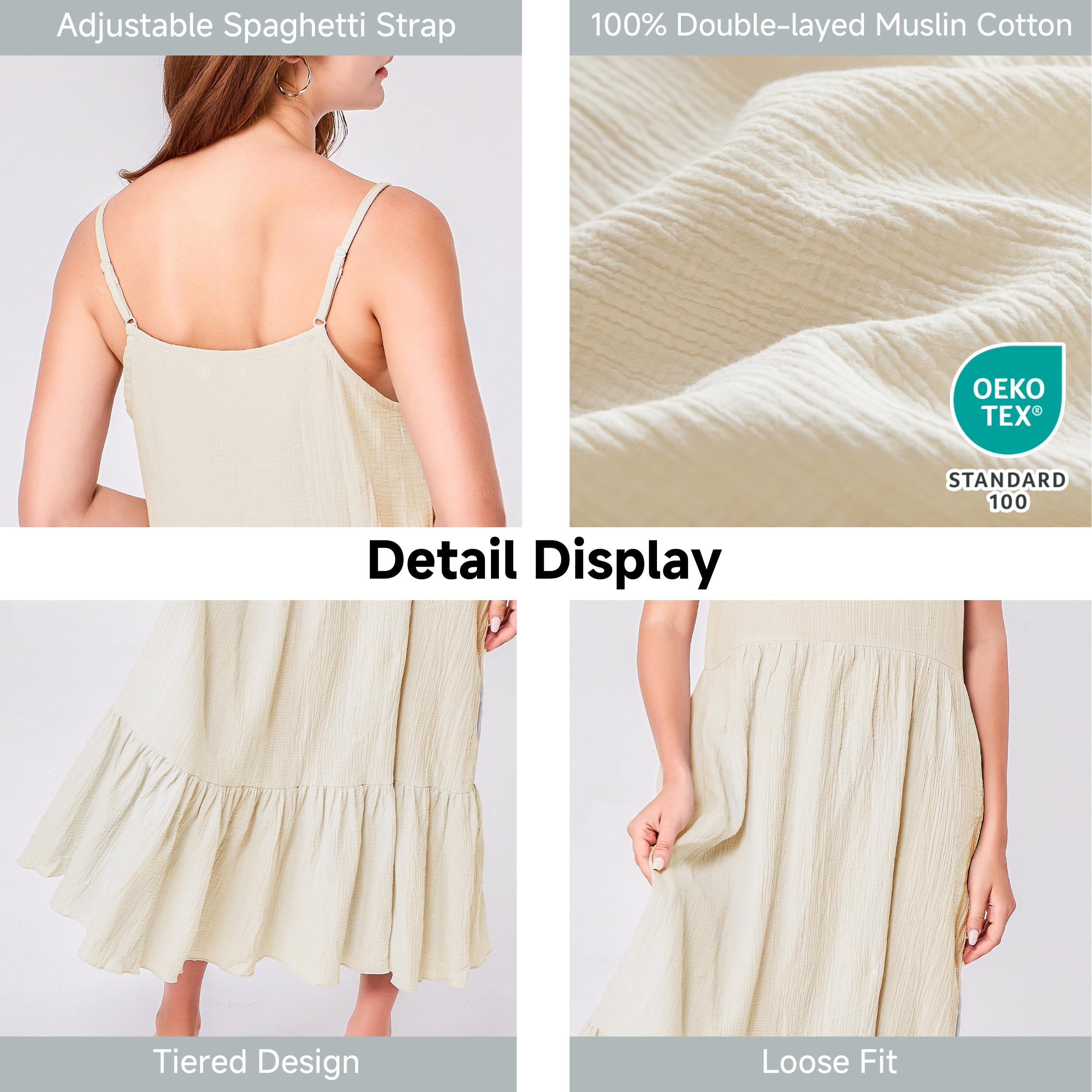 Simple&Opulence Vestido largo de algodón casual de verano para mujer, holgado, sin mangas, tirantes delgados, escalonado, bohemio, vestido de verano para la playa
