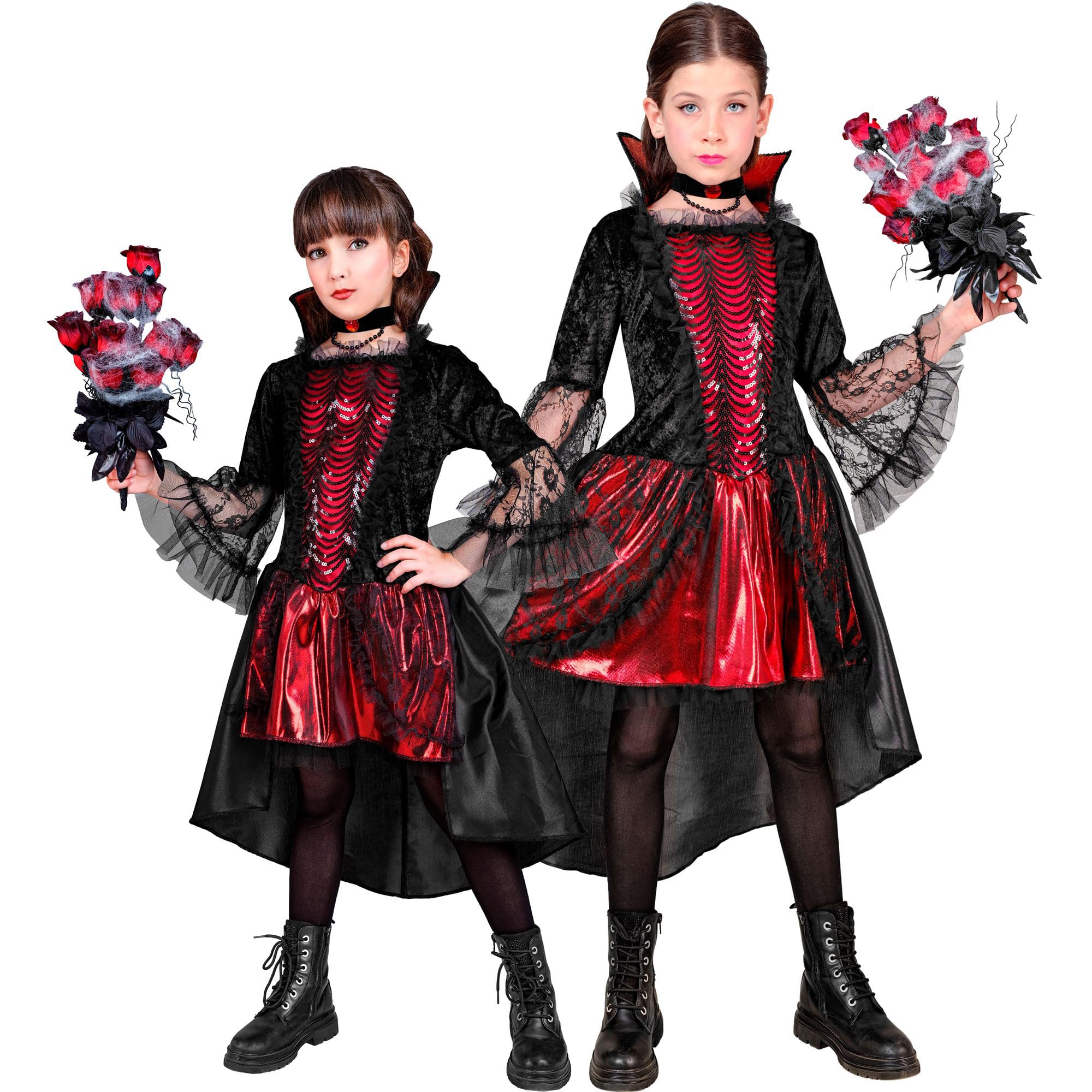 WIDMANN - Childrens Gothic Bloodsucker Dark Countess Vampire Costume Dress and Necklace