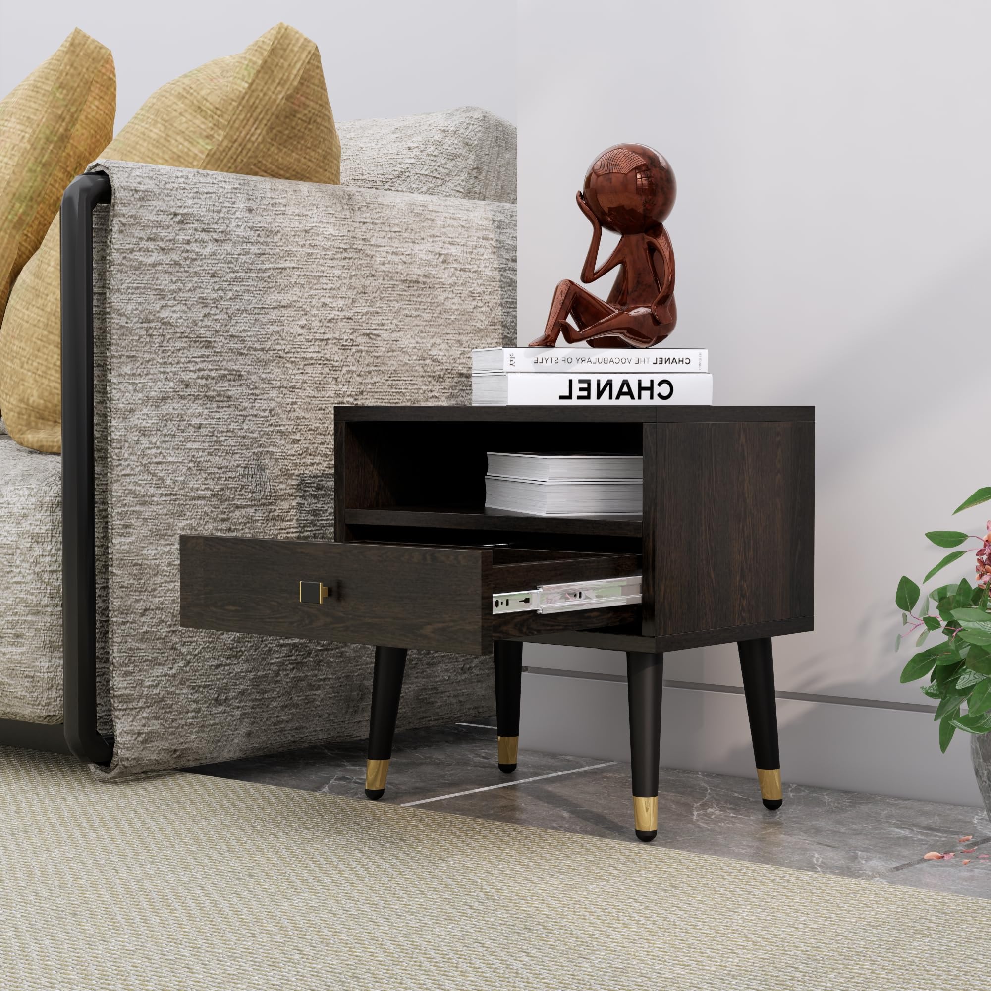 Bniture Modern Bedroom Nightstand, Bedside Table, Small Side Table, with 1-Drawer, Bookcase, Metal Legs, Flower Wenge, 25 cm x 40 cm-image-39