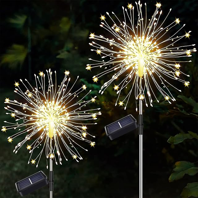 yowin Solar Firework Lights 2 Pack 120 LED Outdoor Solar Garden Lights, 8 Modes Solar Firefly Lights Outdoor Waterproof Copper Wire Starburst Lights for Patio Lawn Party Decorations (Warm White)