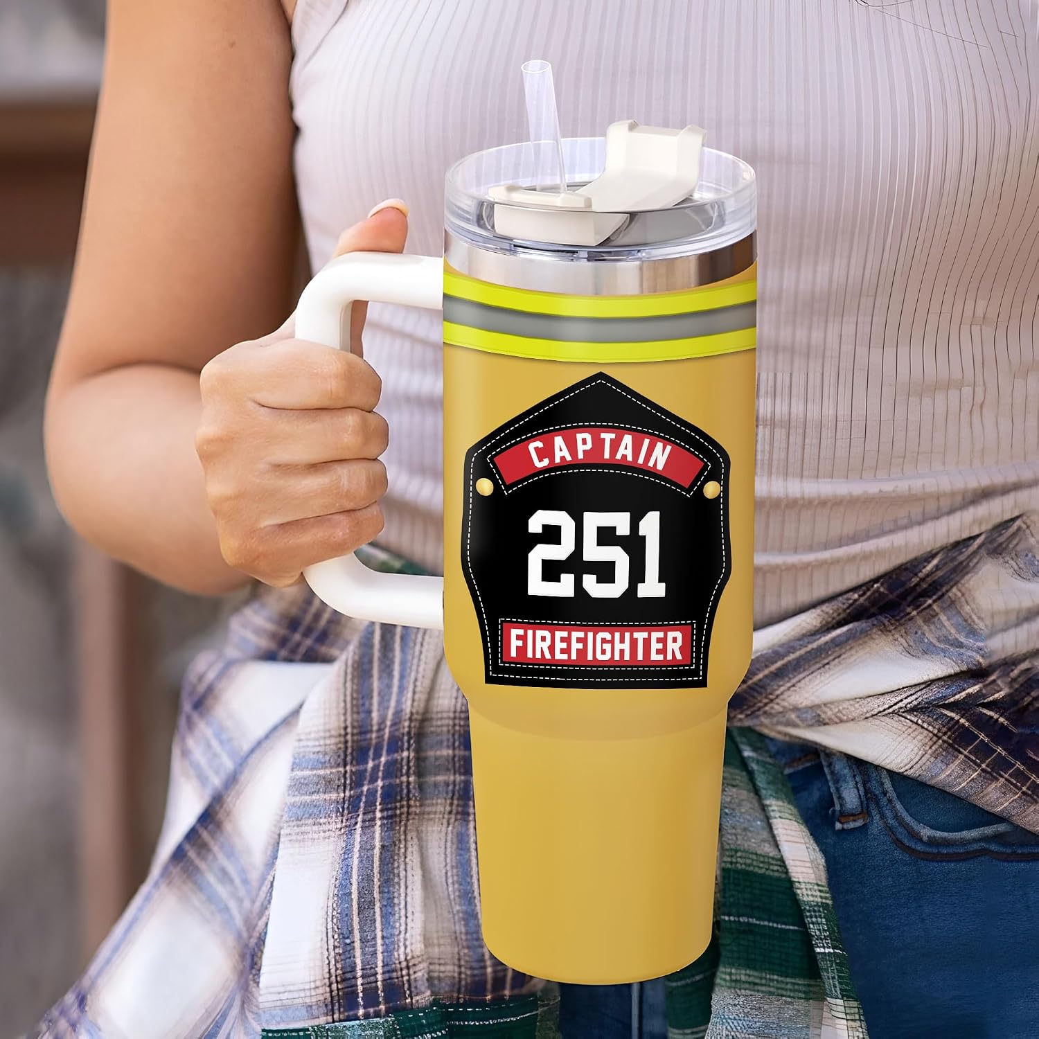 Hyturtle Personalized Firefighter Gifts For Men - Custom Name Tumbler 40oz with Handle and Straw - Stainless Steel Travel Coffee Cup - Gift For Firemen Fire Department Dad Men Graduation Birthday