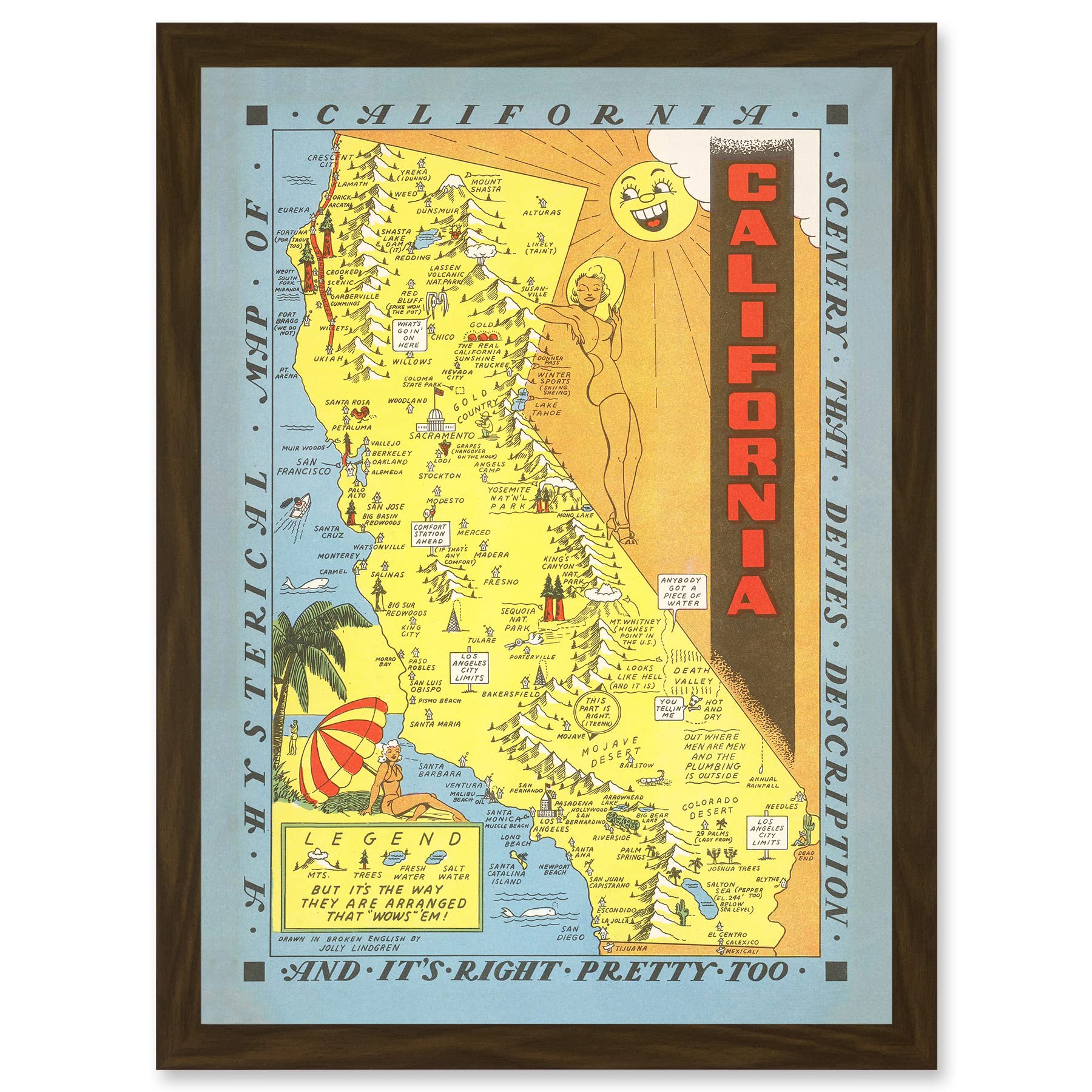 Artery8 Hysterical Map Lindgren 1948 California Pictorial Artwork Framed Wall Art Print A4