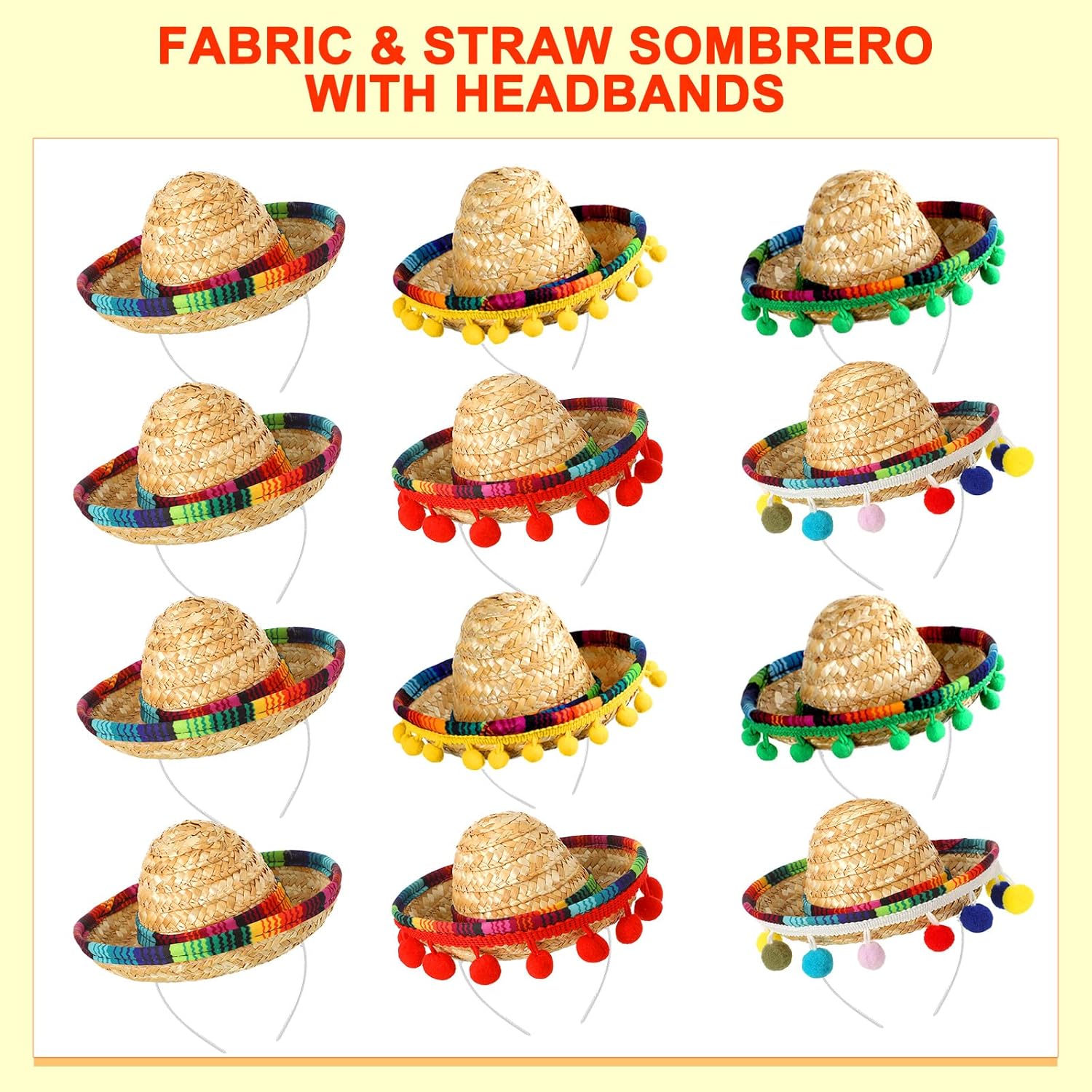 Yunsailing 36 Pcs Fiesta Party Supplies Fabric Straw Sombrero Headbands Necklaces Eyeglasses for Mexican Party (Modern Style)