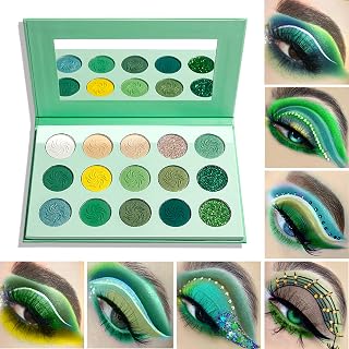 Green Eyeshadow Palette,Eye Shadow Plattet,15 Colors Professional Makeup Palette,Matte Glitter Highly Pigmented Eyeshadow Palette for Eye Makeup, Long Lasting Waterproof Colorful Eye Shadow Powder