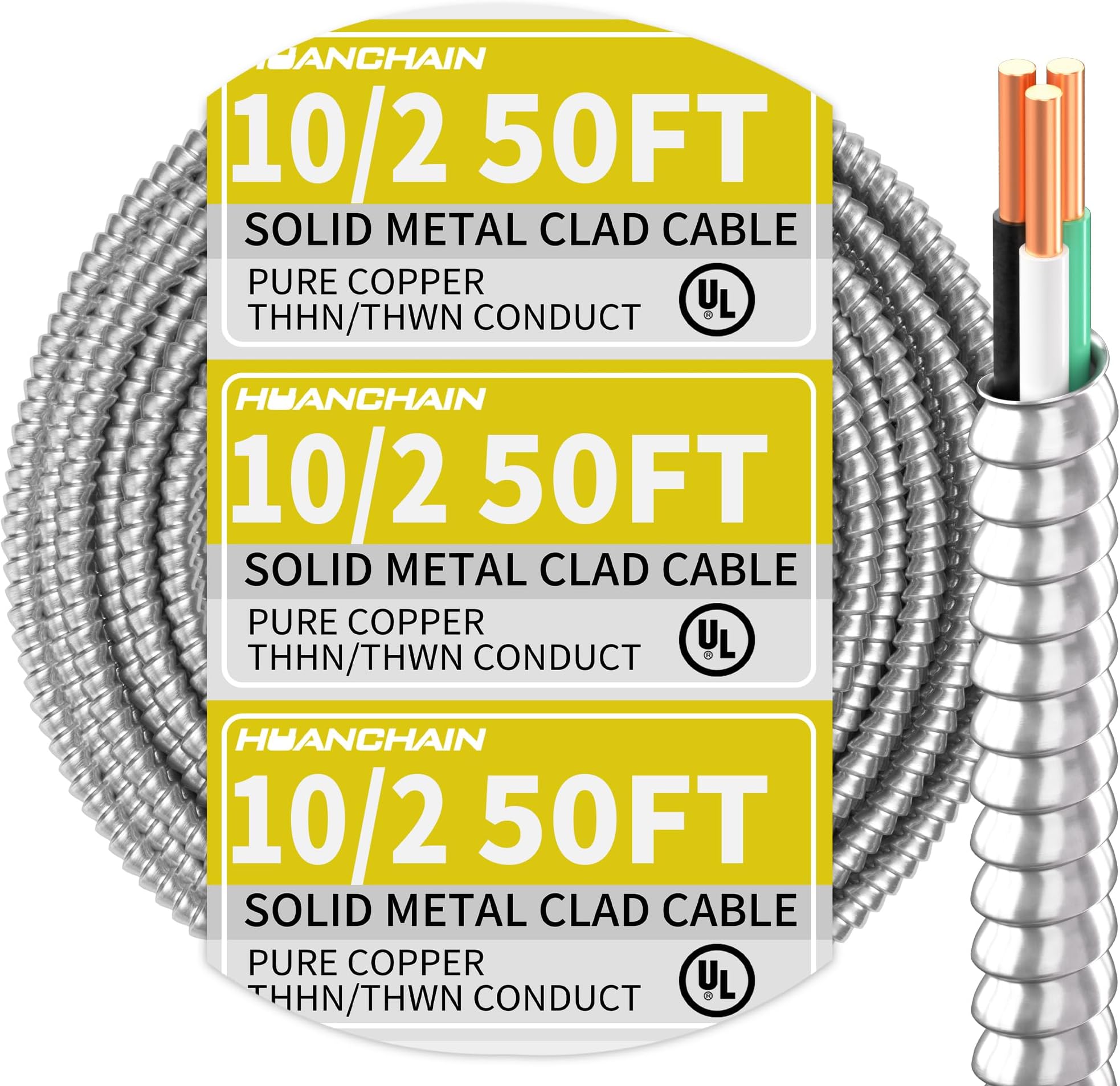 10/2 MC Cable with Ground 50 Ft, 10 Gauge 2 Conductors Electrical Wire with Aluminum Armor, Solid Pure Copper Cable for Indoor and Outdoor Underground Installation, UL Listed