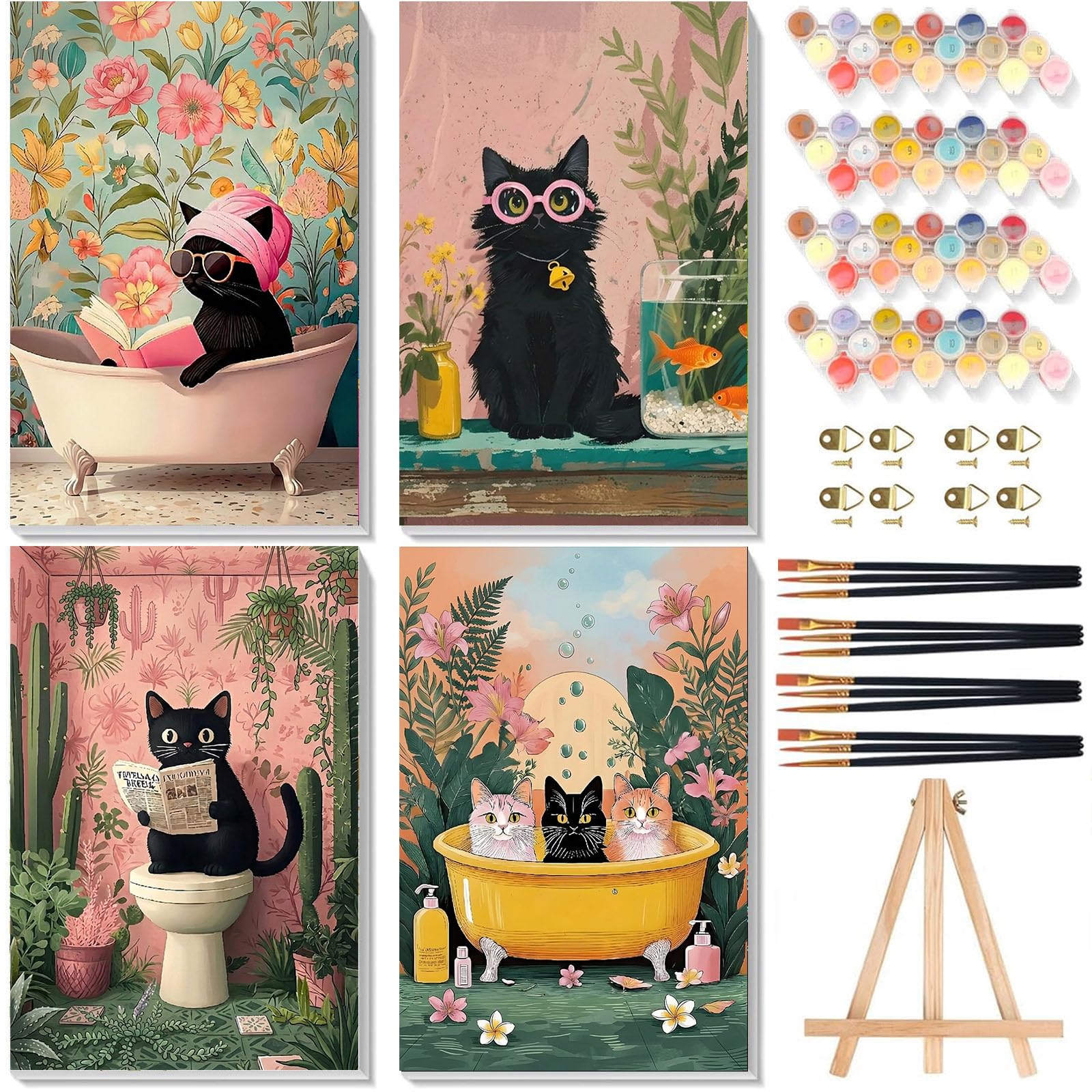 4 Pack Paint by Numbers for Adults with Framed Canvas & Wooden Easel, Cat Adult Painting by Number Kit on Canvas, DIY Black Cat Acrylic Oil Painting Kits with Brushes for Home Wall Decor 8x12 inch