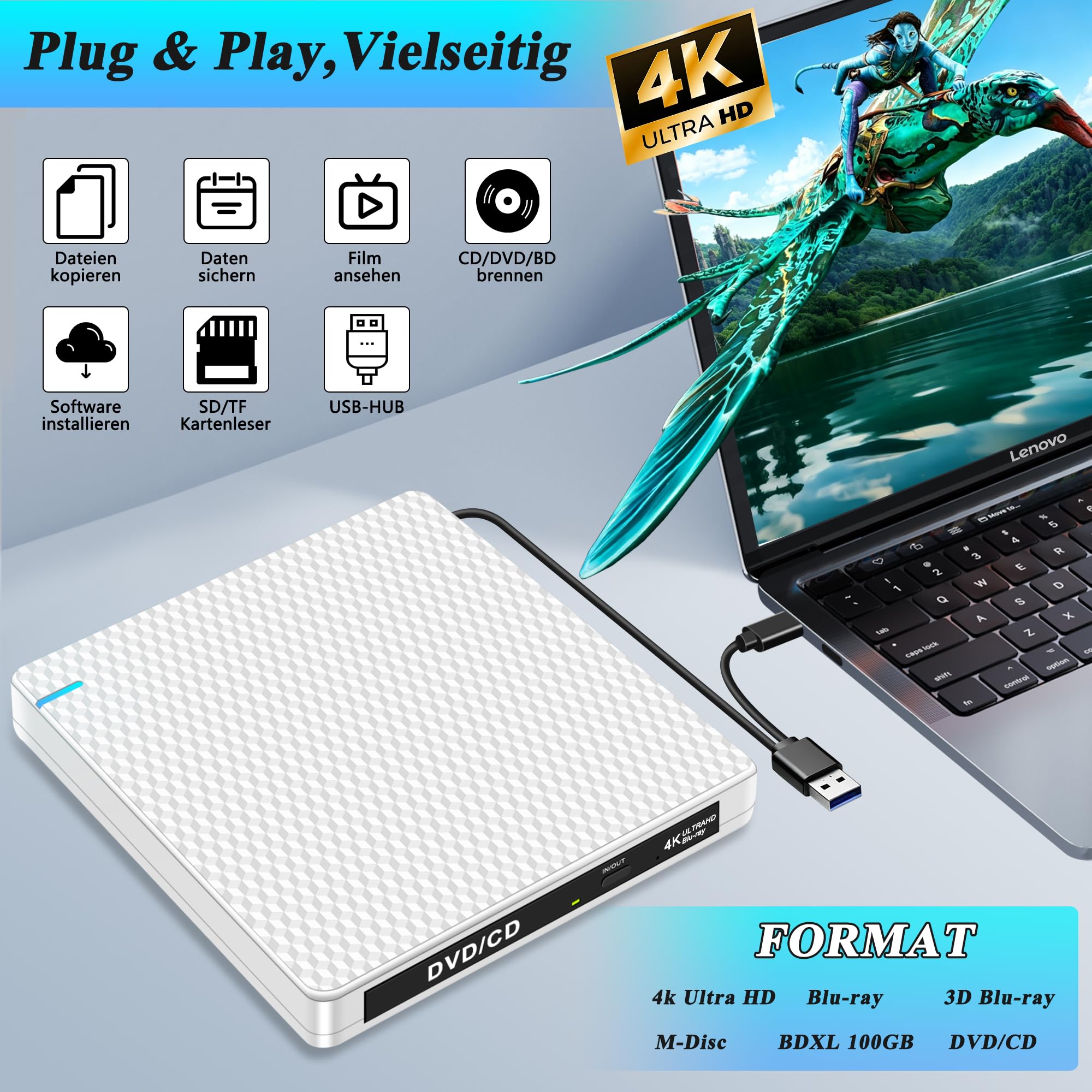 Externes 4K Blu Ray Laufwerk: USB C UHD Bluray Brenner Extern für Mac MacBook Laptop mit SD TF Kartenslot USB Ports Tragbar 3D DVD CD BDXL Externe Blu-ray Laufwerke für PC Windows 11