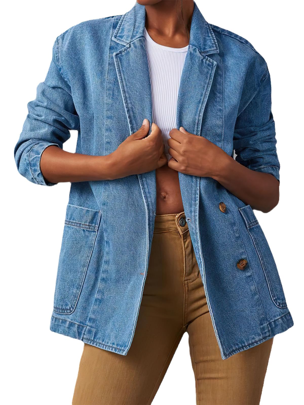 ebossy Womens Distressed Denim Jacket Blazer Classic Notched Lapel Button Down Slim Boyfriend Washed Jean Coat with Pockets