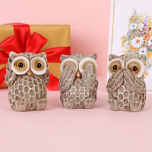 Miniatura 5 de FriyGardcn Juego de 3 figuras de búho para decoración del hogar, lindas estatuas de búho para estante, sala de estar, dormitorio, oficina,