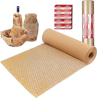Honeycomb Kraft Packing Paper, 15 Inch x 164 Feet Packing Paper for Moving, Alternative Cushion Wrap, Recyclable Moving Supplies Bubble Packing Wrap Protective Roll With 30 Fragile Stickers. (khaki)