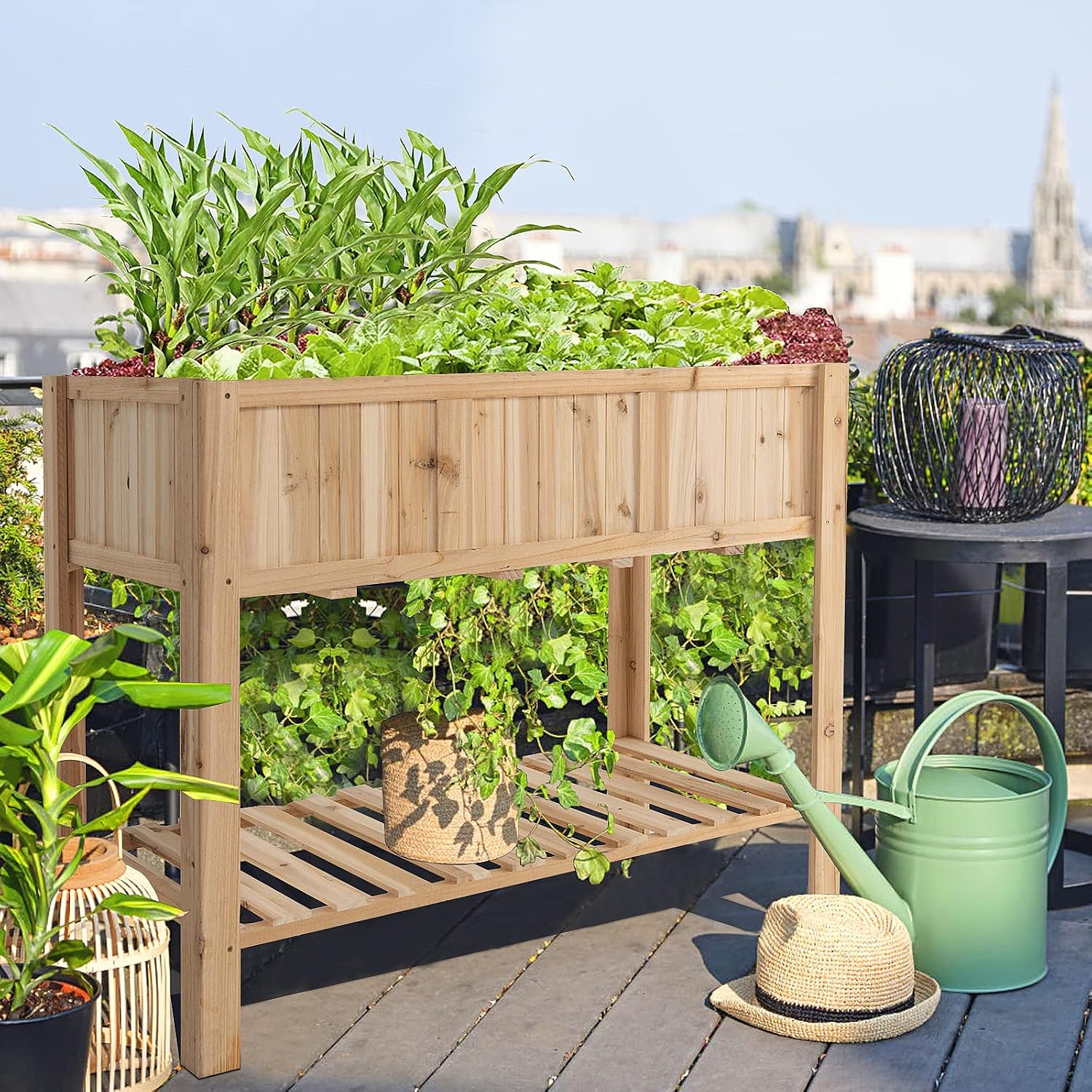 Giantex Raised Garden Bed, Wooden Planter, Black Liner, Outdoor Elevated Planter Box with Bottom Shelf, for Vegetables Herbs Flowers Fruits 47”x 23”x 35” (Natural)