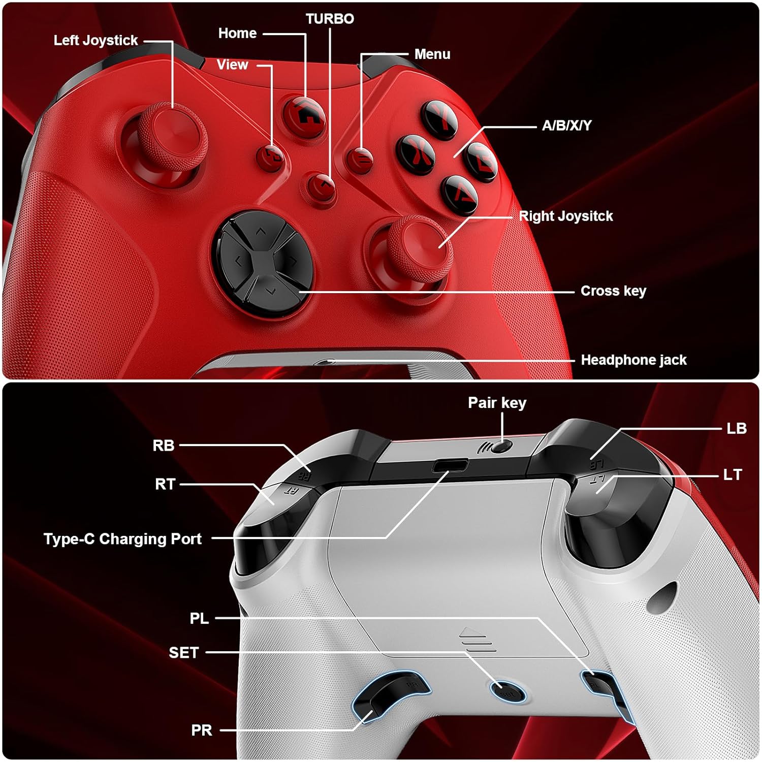 LENISUOLE Wireless PC Controller for Windows PC 7/8/10/11/Android/IOS/Steam Platform丨Connecting to Xbox Consoles is Not Supported at this Time丨 Built-in Dual Vibration and Turbo Funtion (Red)