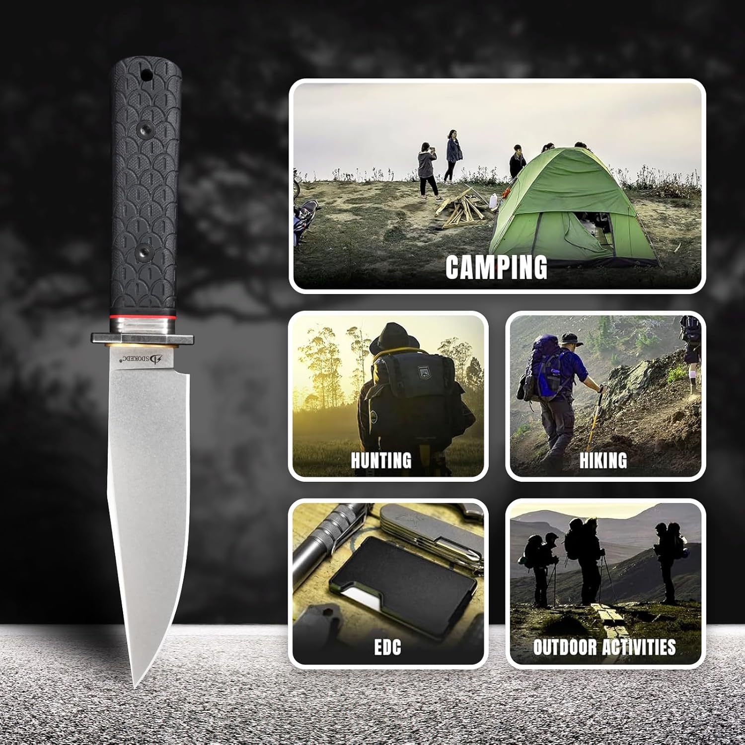 DC53 Steel Fixed Blade Hunting Knife with Sheath - Tactical EDC Knife for Men, Essential for Outdoor Survival Camping Hiking (White Stone Wash)