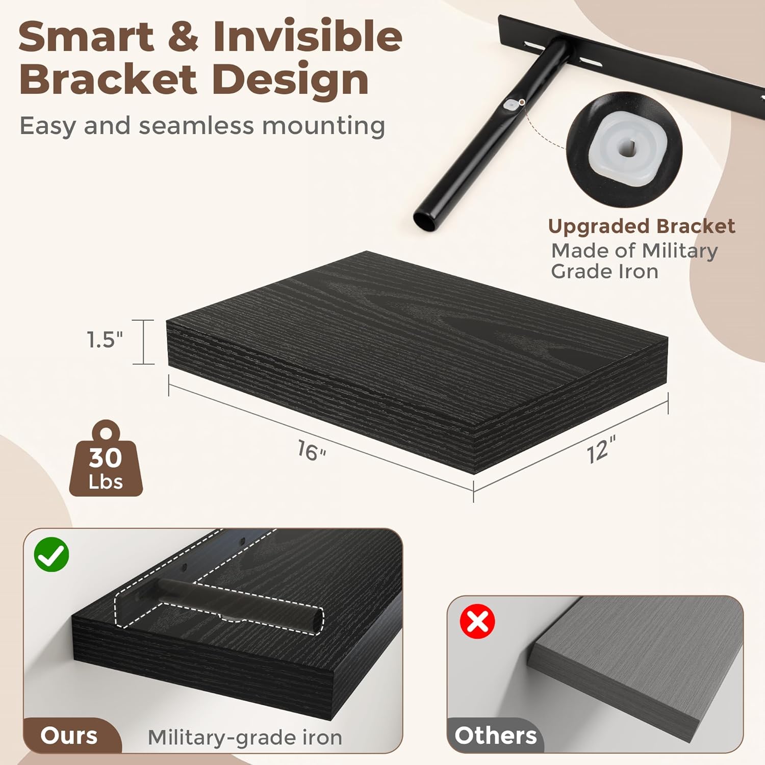 Fun Memories Floating Shelves for Wall, 12 x 16 Floating Shelf for Books, Rustic Wood Deep Storage Wall Shelf with Invisible Bracket - 16" Black Shelves for Living Room & Bedroom, Set of 2