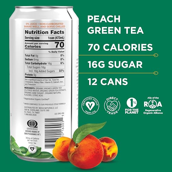 Steaz Organic Lightly Sweetened Iced Green Tea, Peach, 16 OZ (Pack of 12)