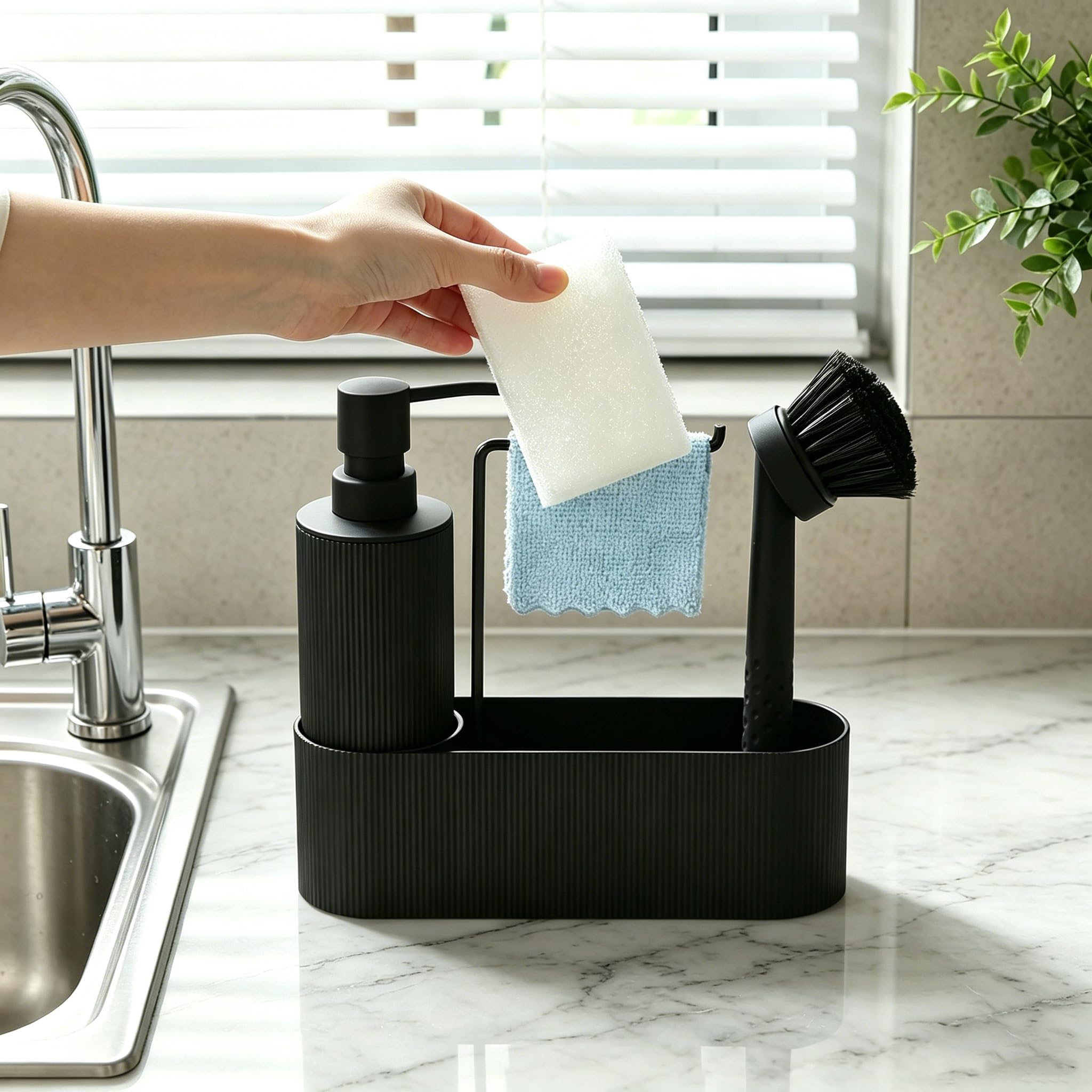 GAHEFY Seifen und Spülmittelspender Set für Küchen mit Seifenspender Spülbürste Schwamm Spültuchhalter, Badezimmer Seifenspender Set für Bad, Küchen Organizer Spüle Schmal (Schwarz)