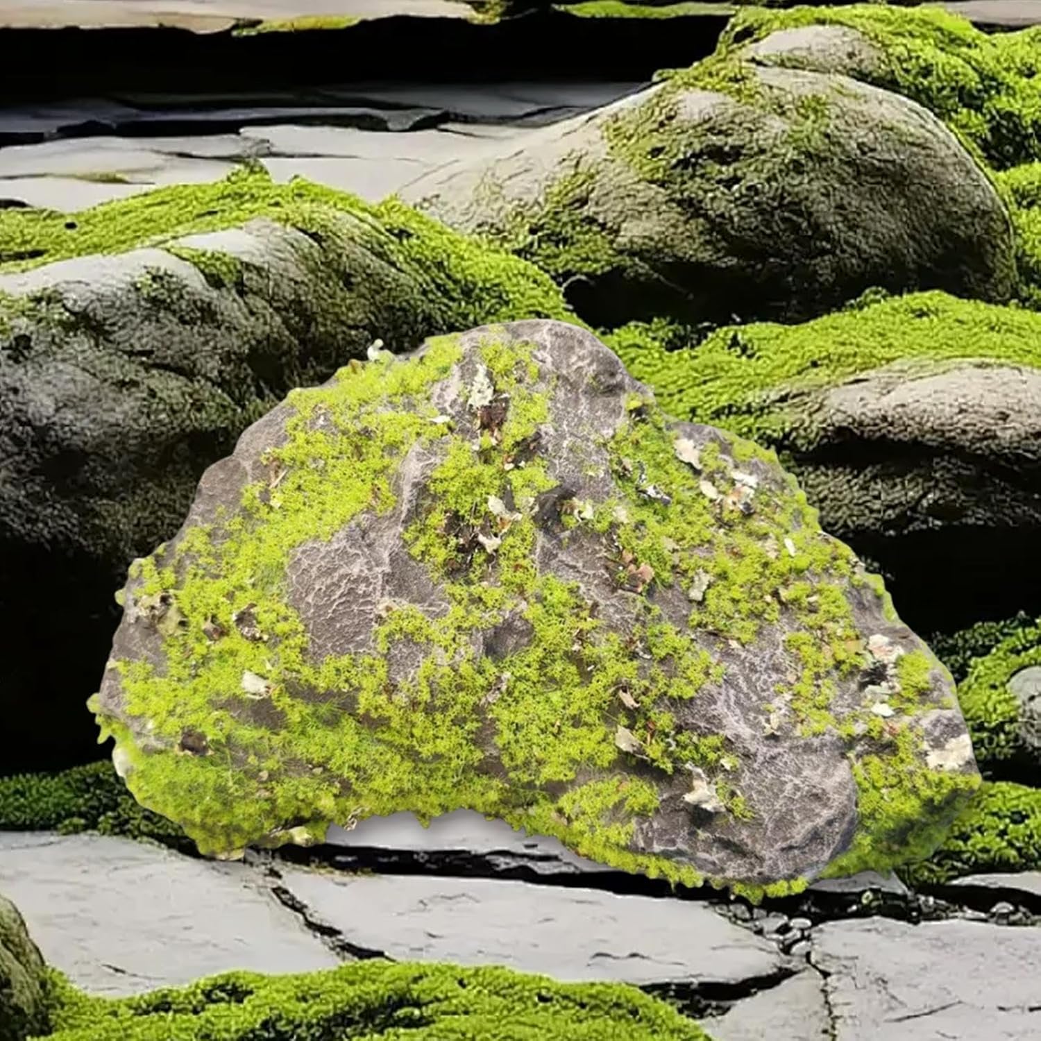 Qianly Decorative Faux Stone, Fake Moss Decor, Faux Green Moss Covered Stone for Floral Arrangements, Vase, DIY, Potted Plants, L