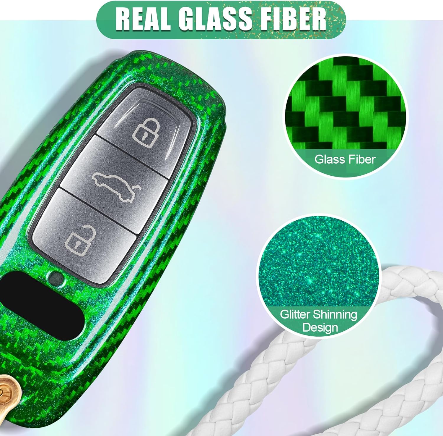 T-carbon Key Fob Cover Compatible with Audi E-Tron with Keychain, Real Glass Fiber Key Fob Case with Keychain Compatible with Audi A6 A7 A8 Q8 E-Tron 2018-2024 Key Case Protector Glitter Shinning