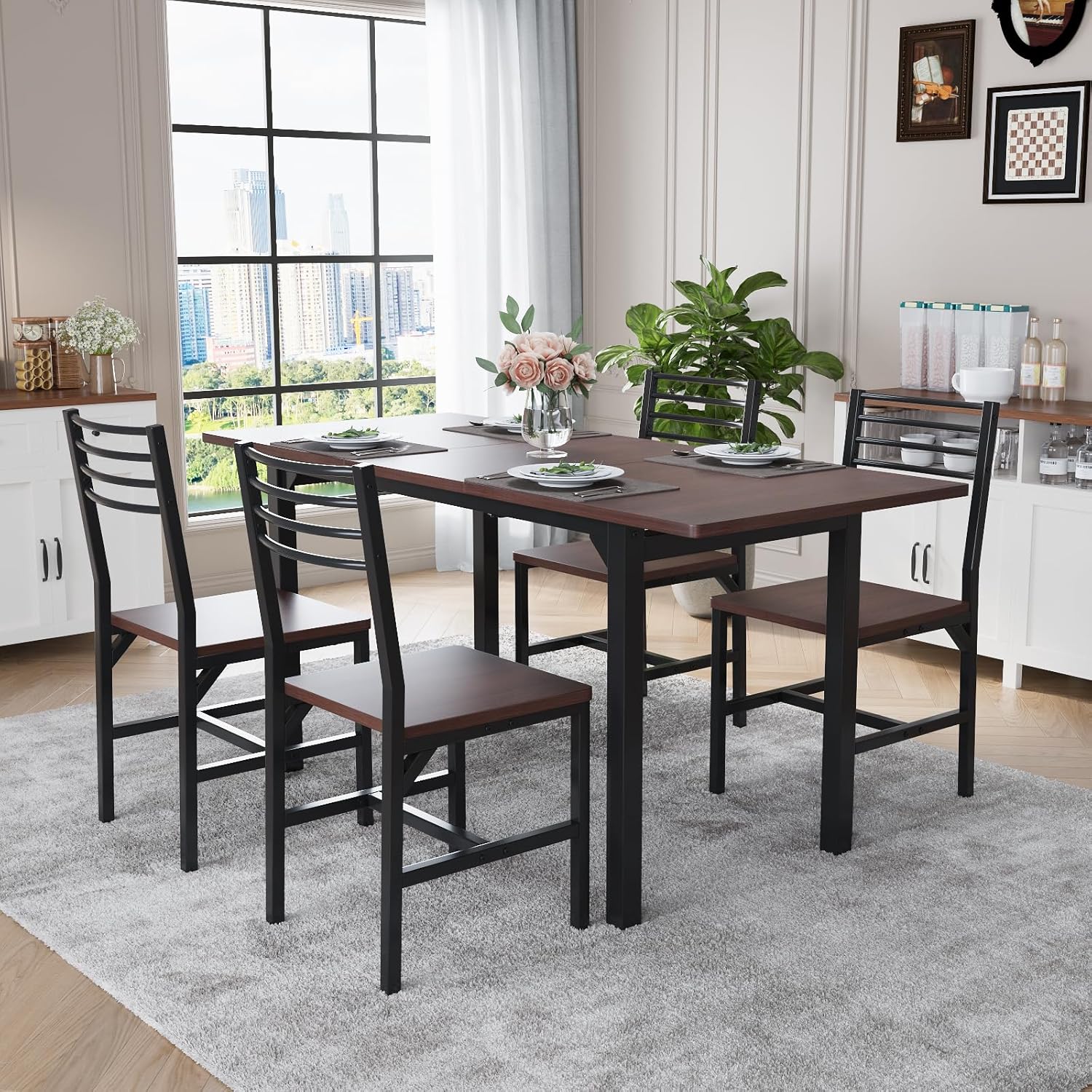 VOWNER 63” Extendable Dining Table Set for 4-6 People,