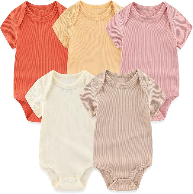 MAMIMAKA Newborn Baby Short Sleeve Bodysuit Baby Grow Cotton Vest 5-pack,0-12 Months