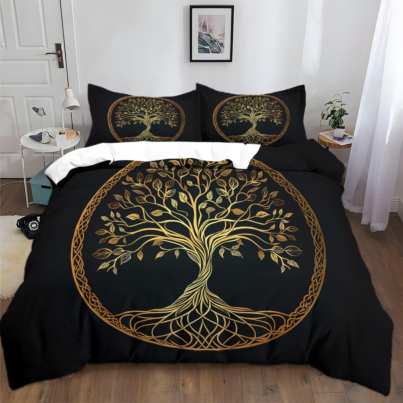 Parure de lit Arbre de Vie Lignes Simples En Or Noir pour une chambre raffinée