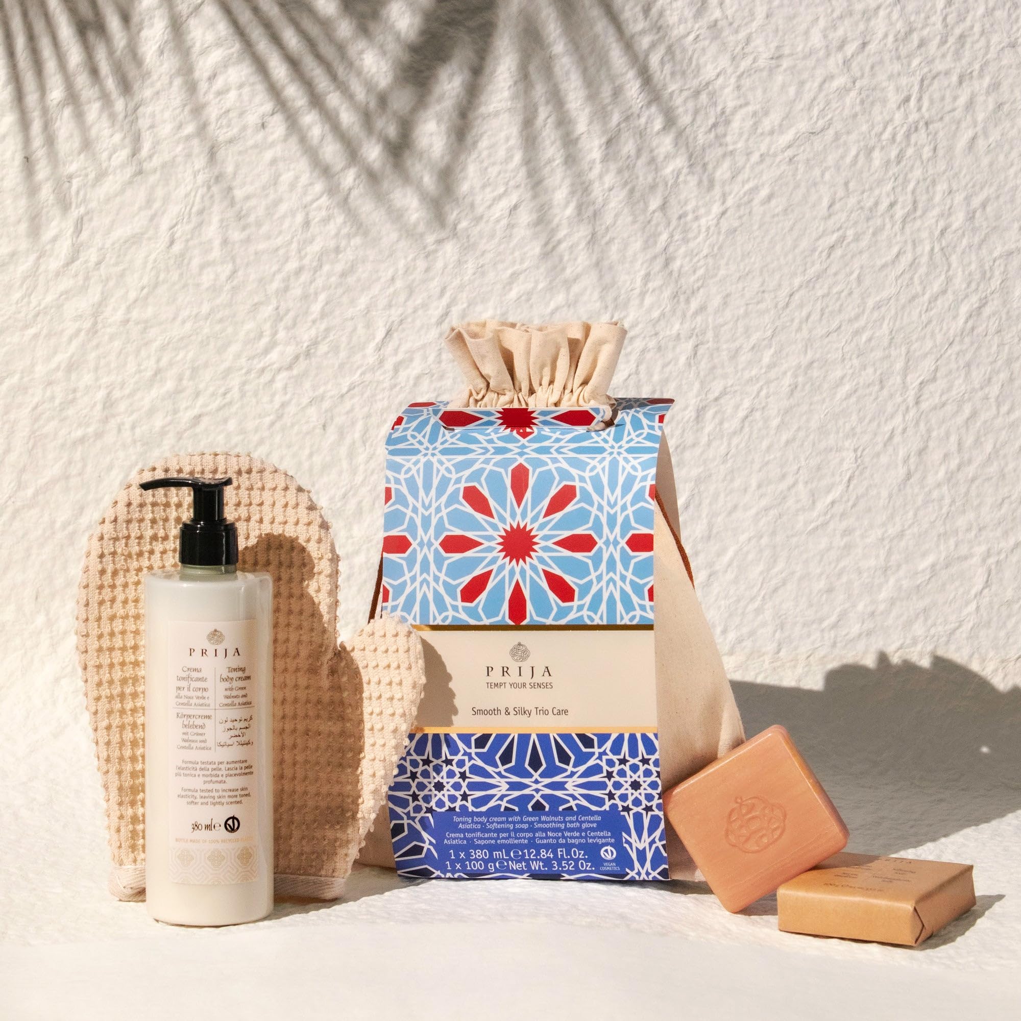 Prija Body Toning Gift Pack with Toning Body Cream 380ml, Softening Soap 100g and Smoothing Cotton Bath Glove - Image 4