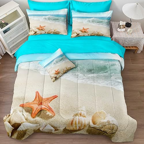 Miniatura 4 de Bedbay Juego de edredón costero de 8 piezas con estampado de estrellas de mar y vida marina tamaño King en una bolsa, juego de ropa de cama con