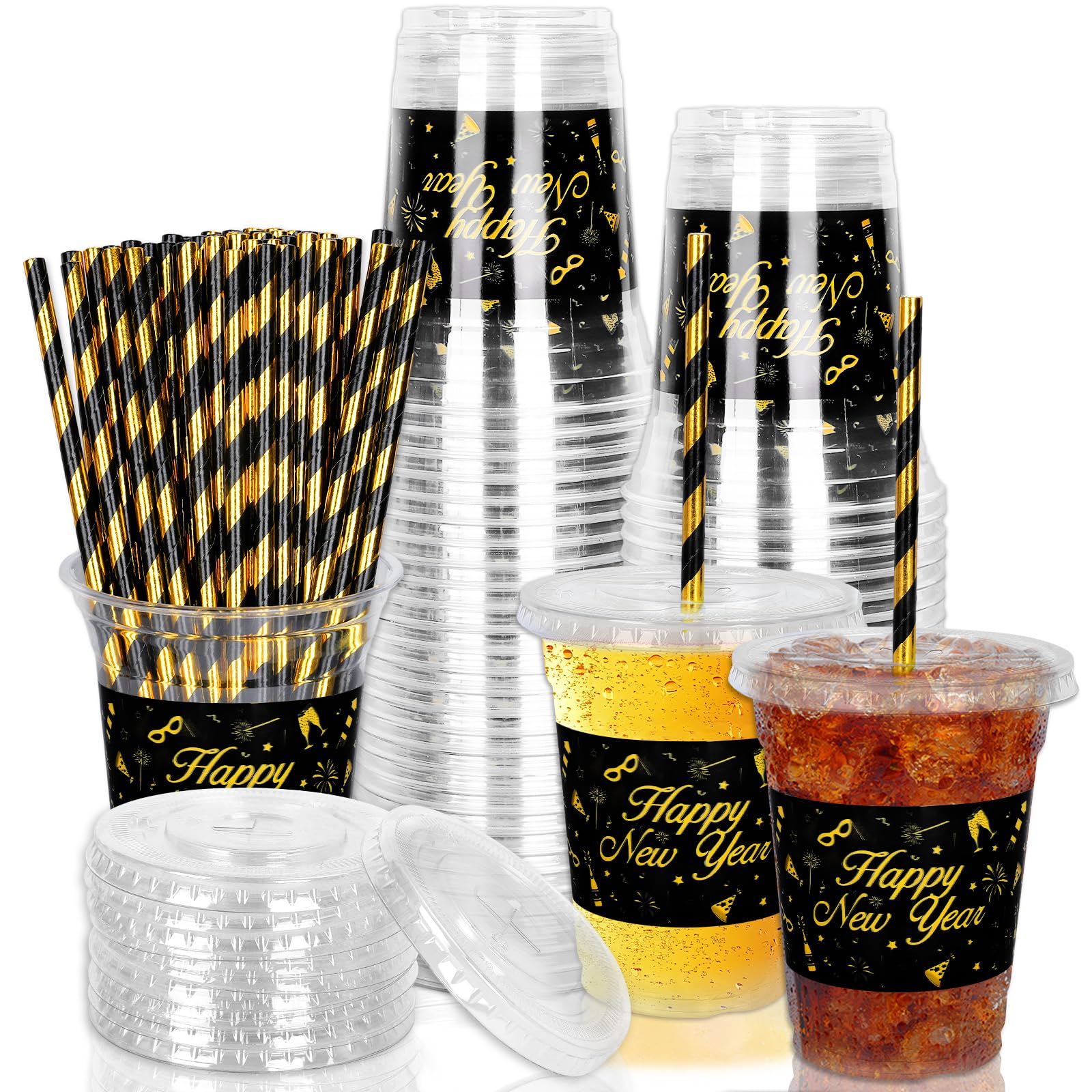 JarThenaAMCS 50Pcs New Year Disposable Plastic Cups With Lids And Straws 12oz Party Cups Black Gold Cold Beverage Drinking Cups for Chinese Spring Festival Party Supplies