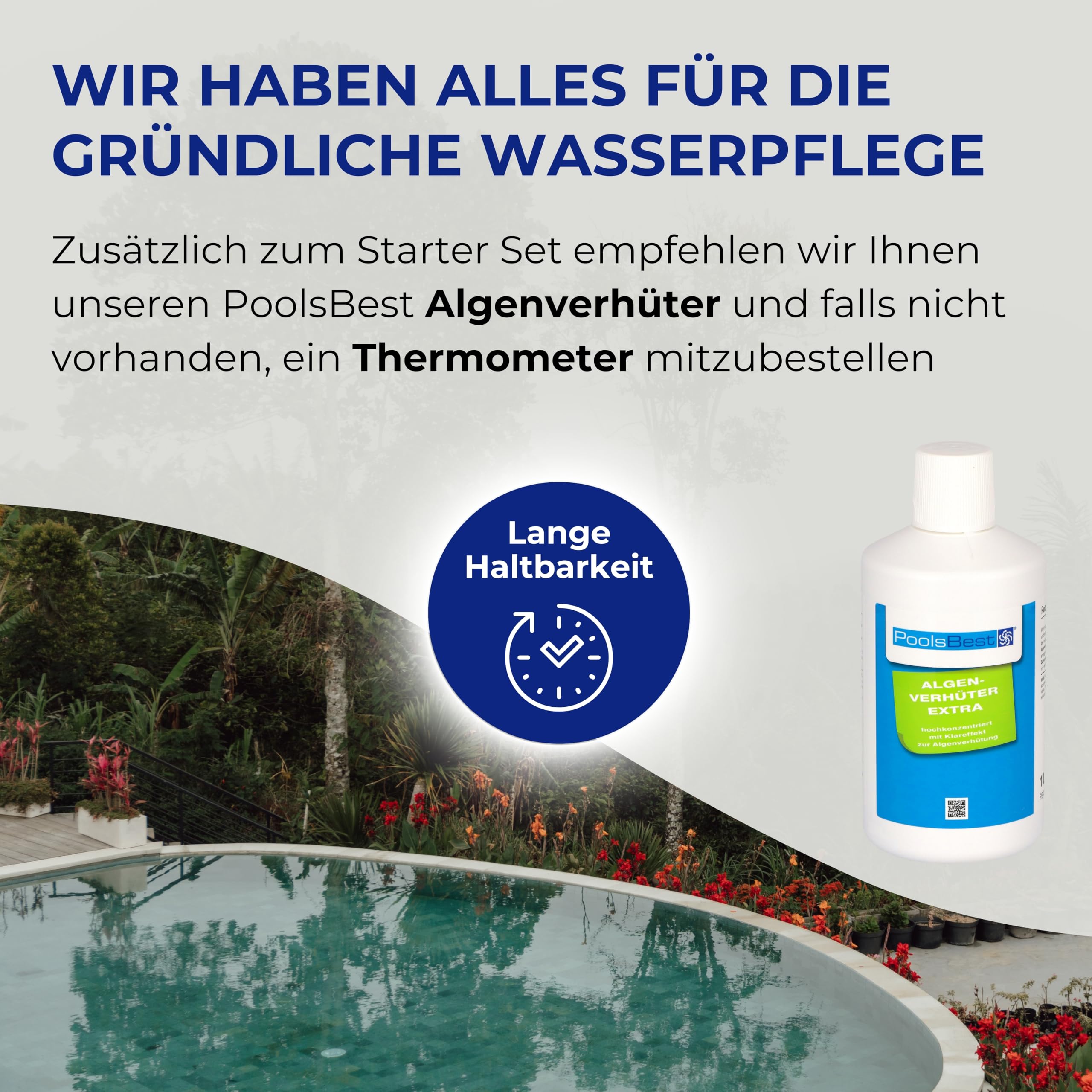 PoolsBest Pool Starter Set 5 in 1 I Pool-Reinigungsset komplett zur Wasserpflege I Pool Zubehör Set für Einsteiger I Mini-Multitabs, Dosierschwimmer, Pooltester, pH-Senker, Chlorgranulat & Anleitung